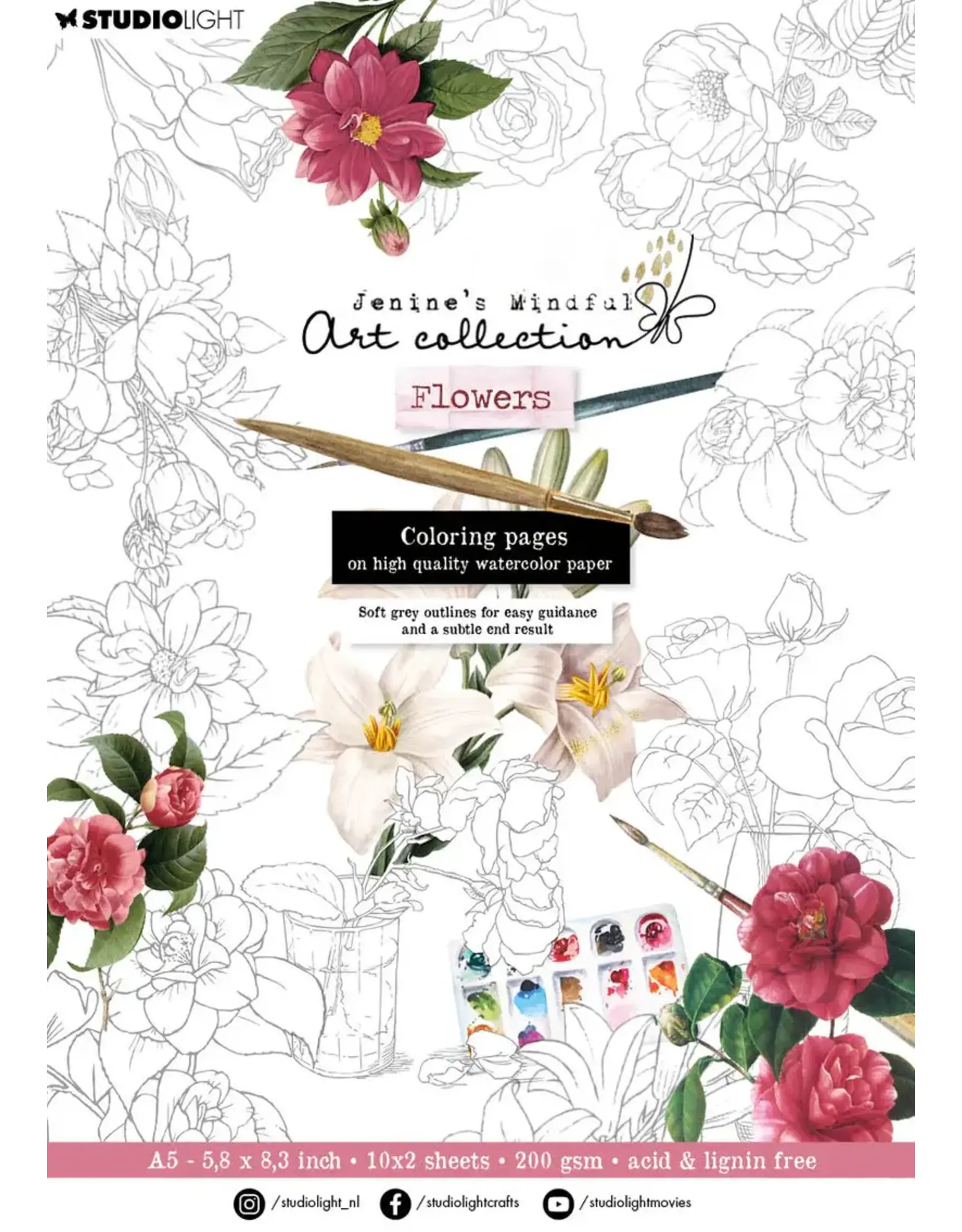 STUDIOLIGHT STUDIOLIGHT JENINE'S MINDFUL ART COLLECTION FLOWERS ESSENTIALS COLORING PAPER PAD 20 SHEETS