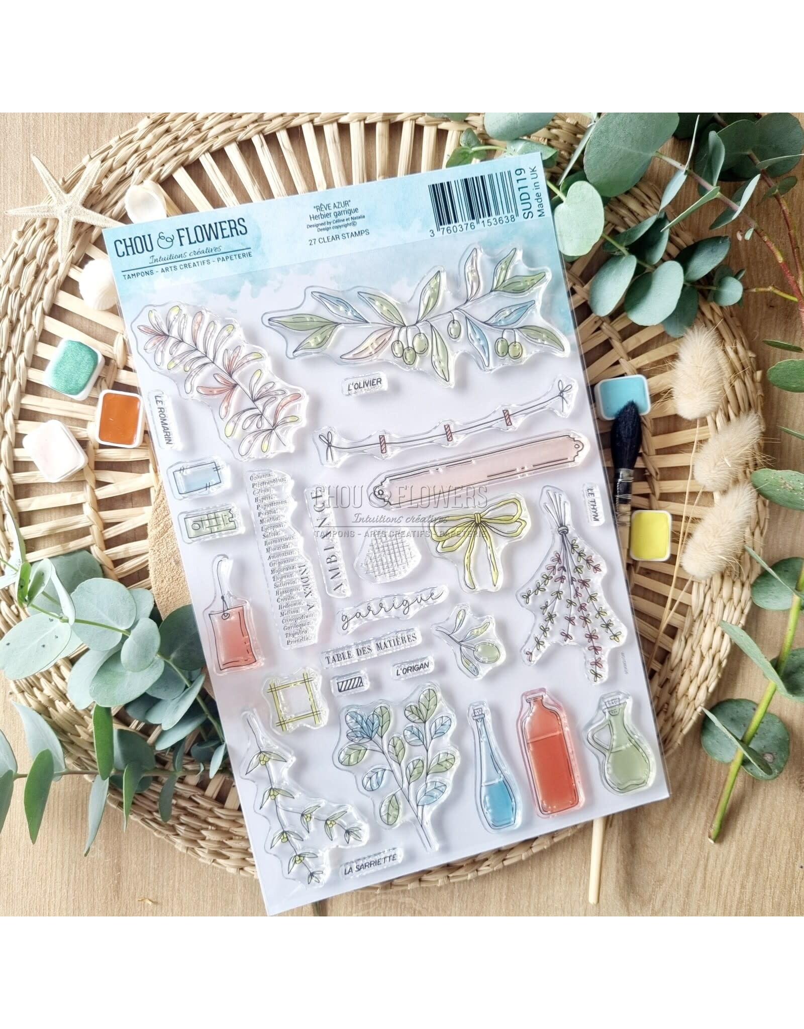 CHOU & FLOWERS CHOU & FLOWERS COLLECTION RÊVE AZUR HERBIER GARRIGUE A5 CLEAR STAMP SET