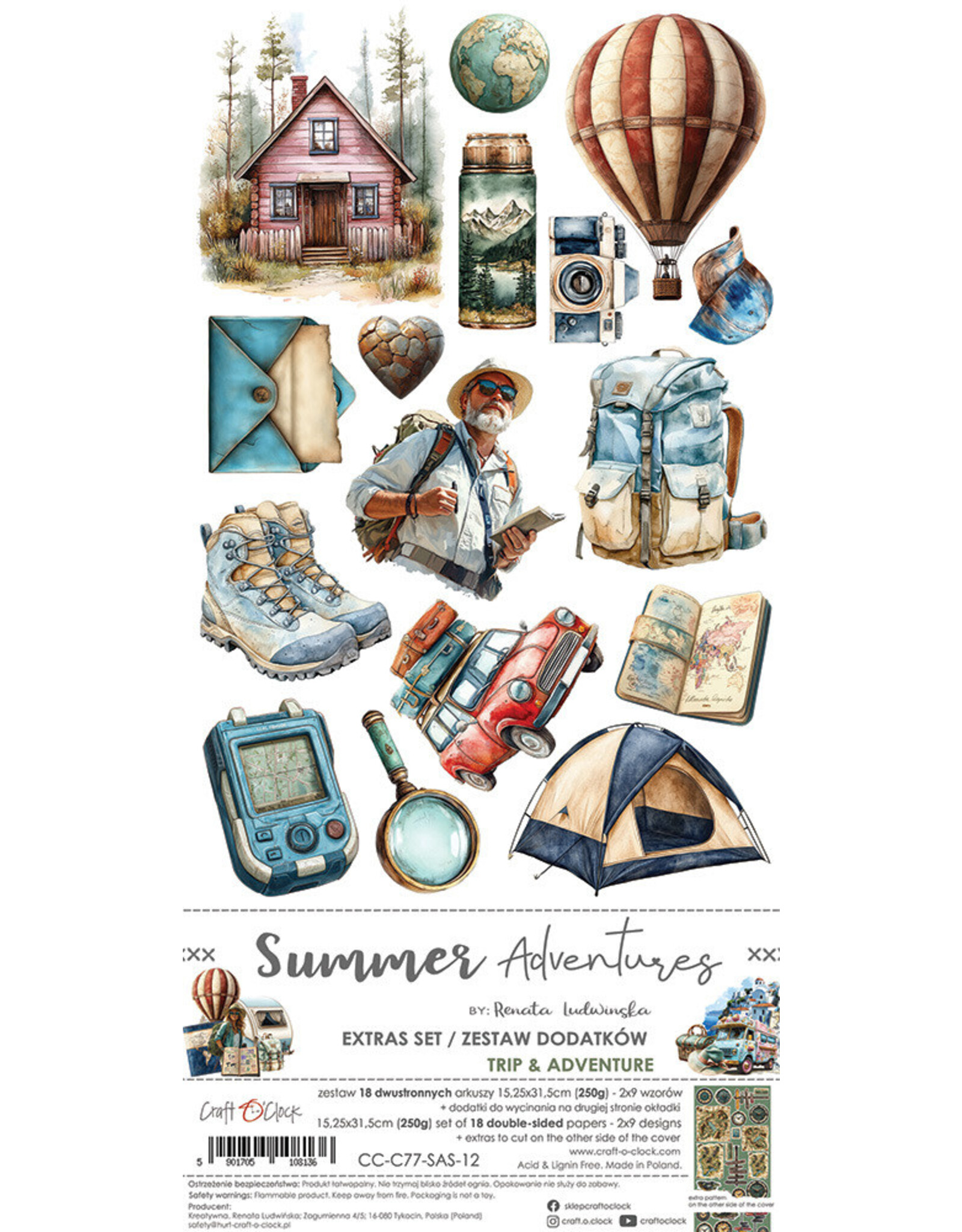 CRAFT O'CLOCK CRAFT O'CLOCK SUMMER ADVENTURES EXTRAS SET-  TRIP & ADVENTURE 6x12 COLLECTION PACK 18 SHEETS