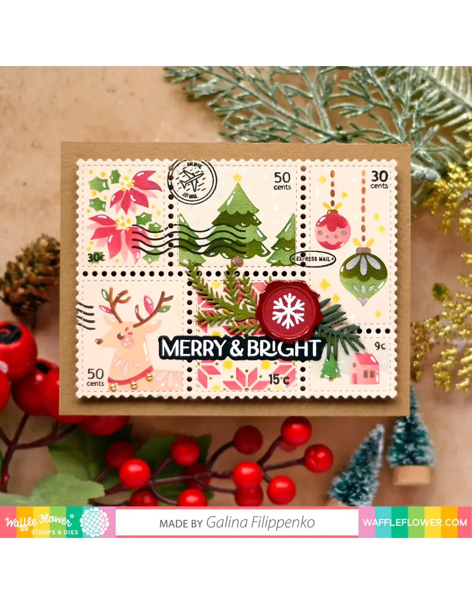 WAFFLE FLOWER WAFFLE FLOWER POSTAGE COLLAGE CHRISTMAS STENCIL 4/PK