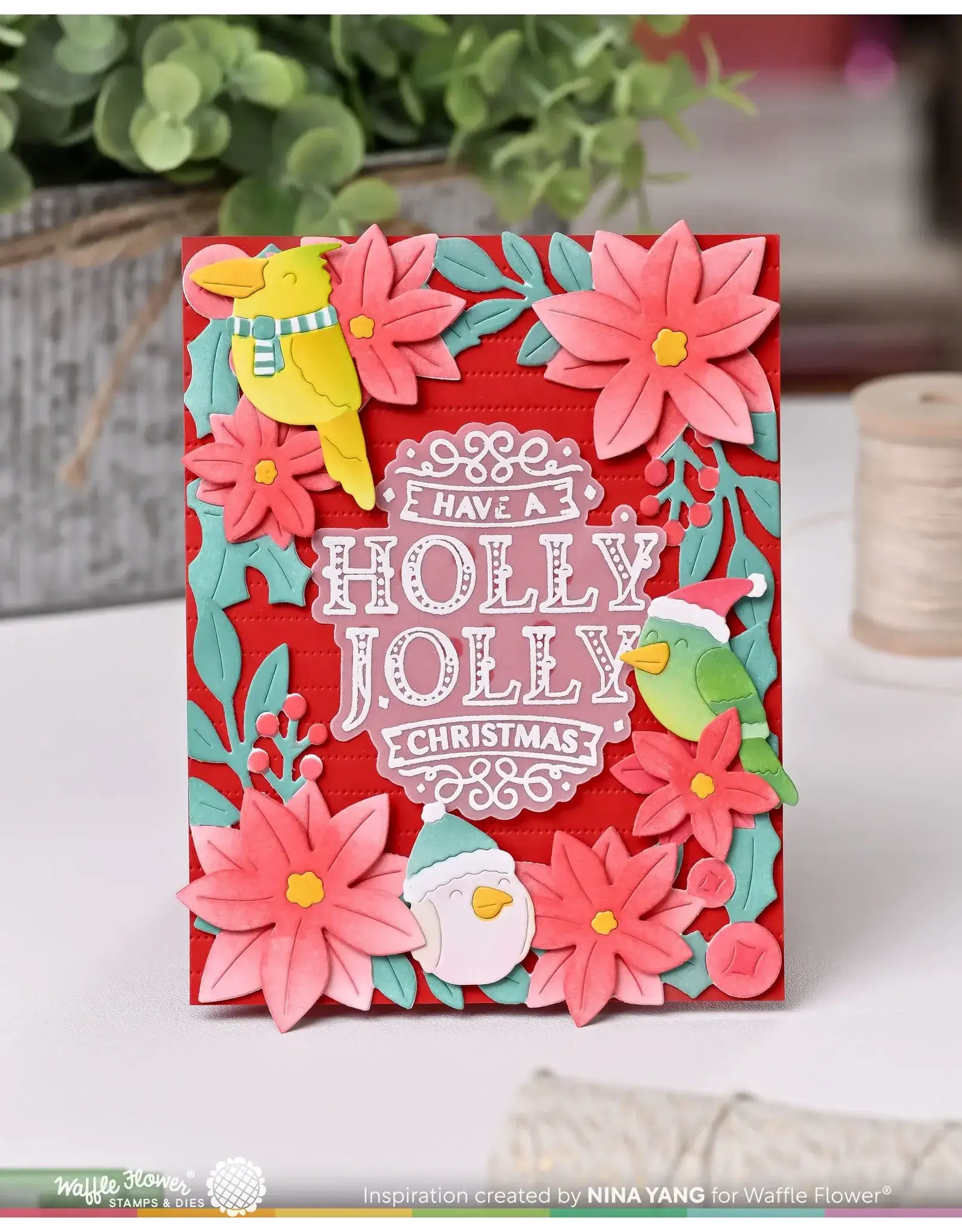 WAFFLE FLOWER WAFFLE FLOWER POINSETTIA FRAME SENTIMENTS CLEAR STAMP SET AND DIE COMBO