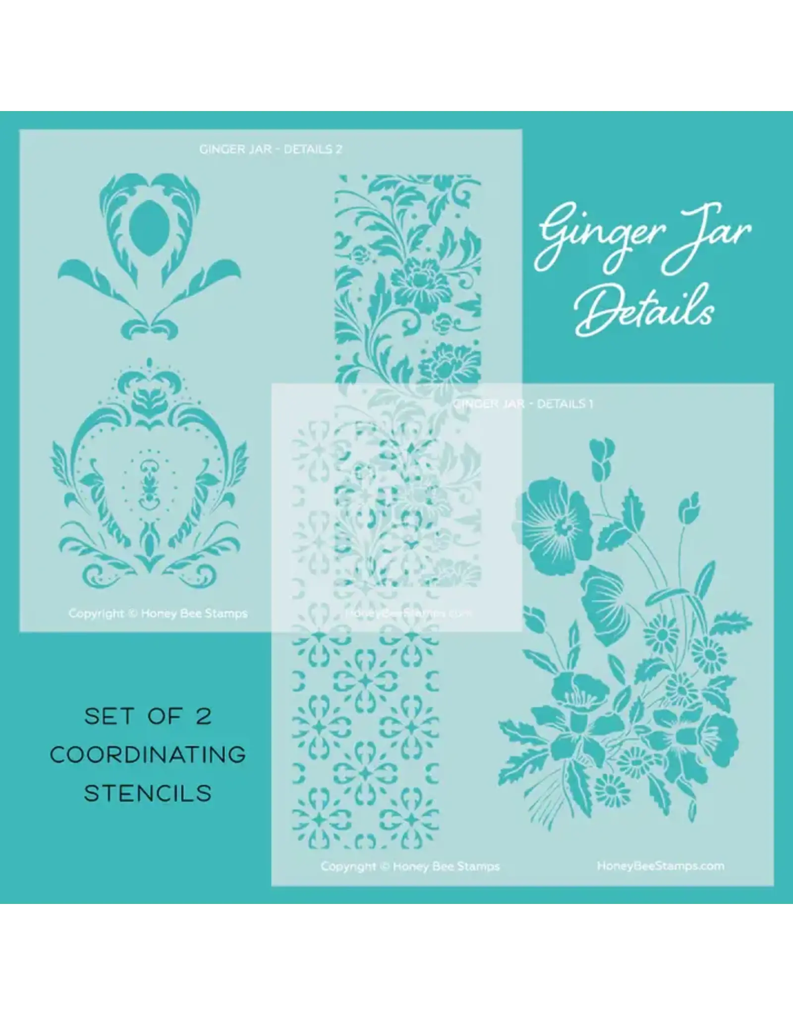 HONEY BEE HONEY BEE STAMPS GINGER JAR DETAILS 6x6 COORDINATING STENCIL SET 2/PK