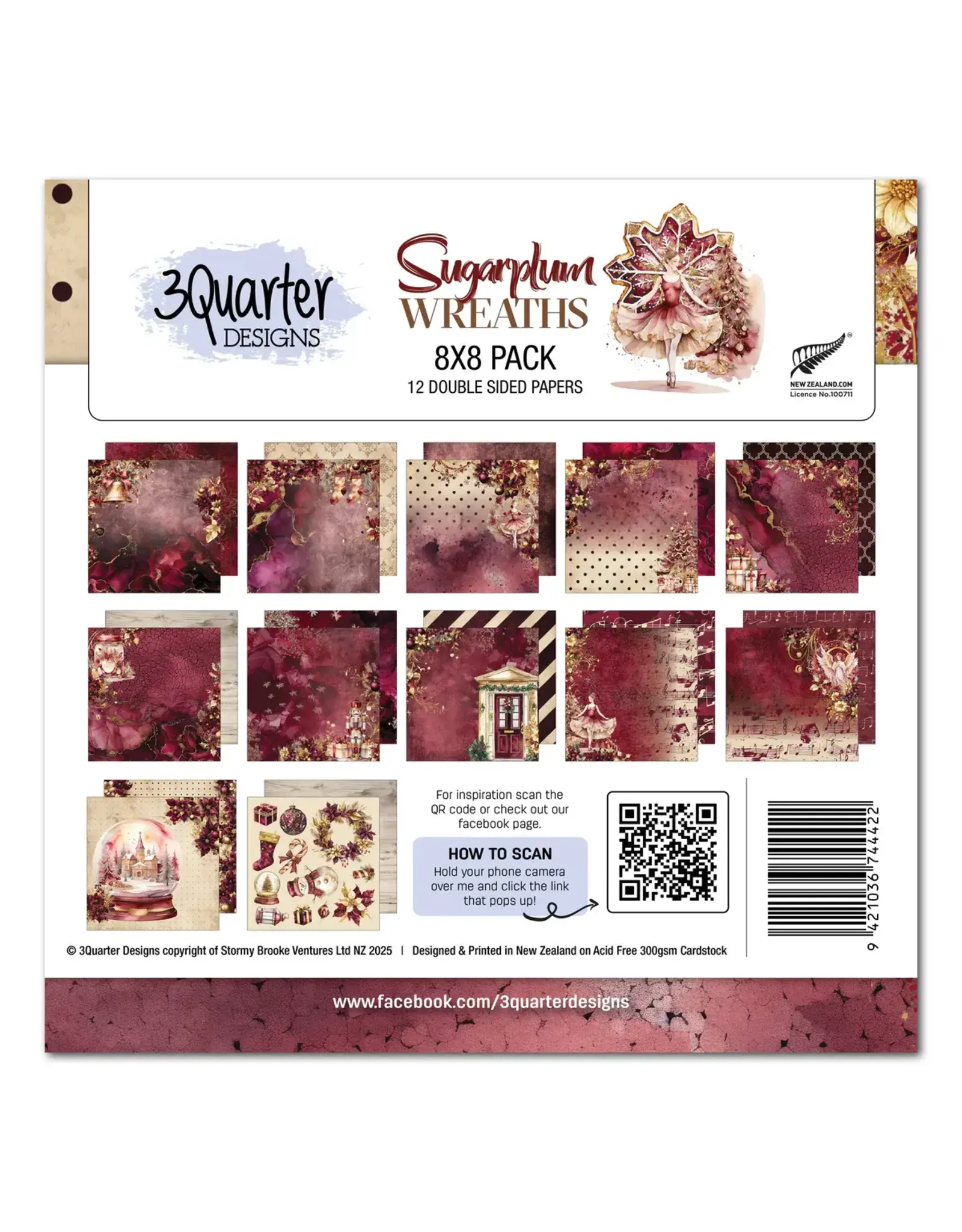 3QUARTER DESIGNS 3QUARTER DESIGNS SUGARPLUM WREATH 8x8 PAPER PACK 12 SHEETS