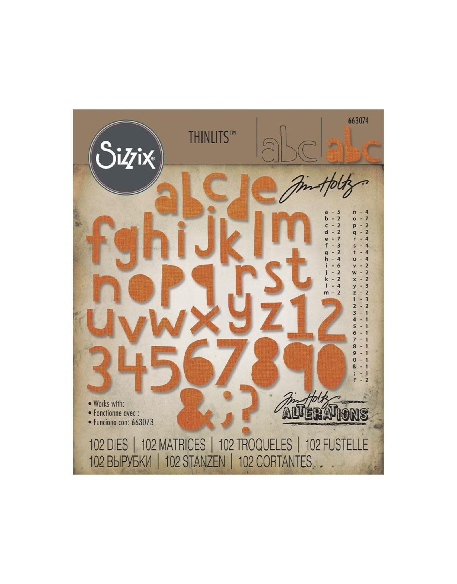 SIZZIX TIM HOLTZ ALPHANUMERIC CUTOUT LOWER THINLITS DIE