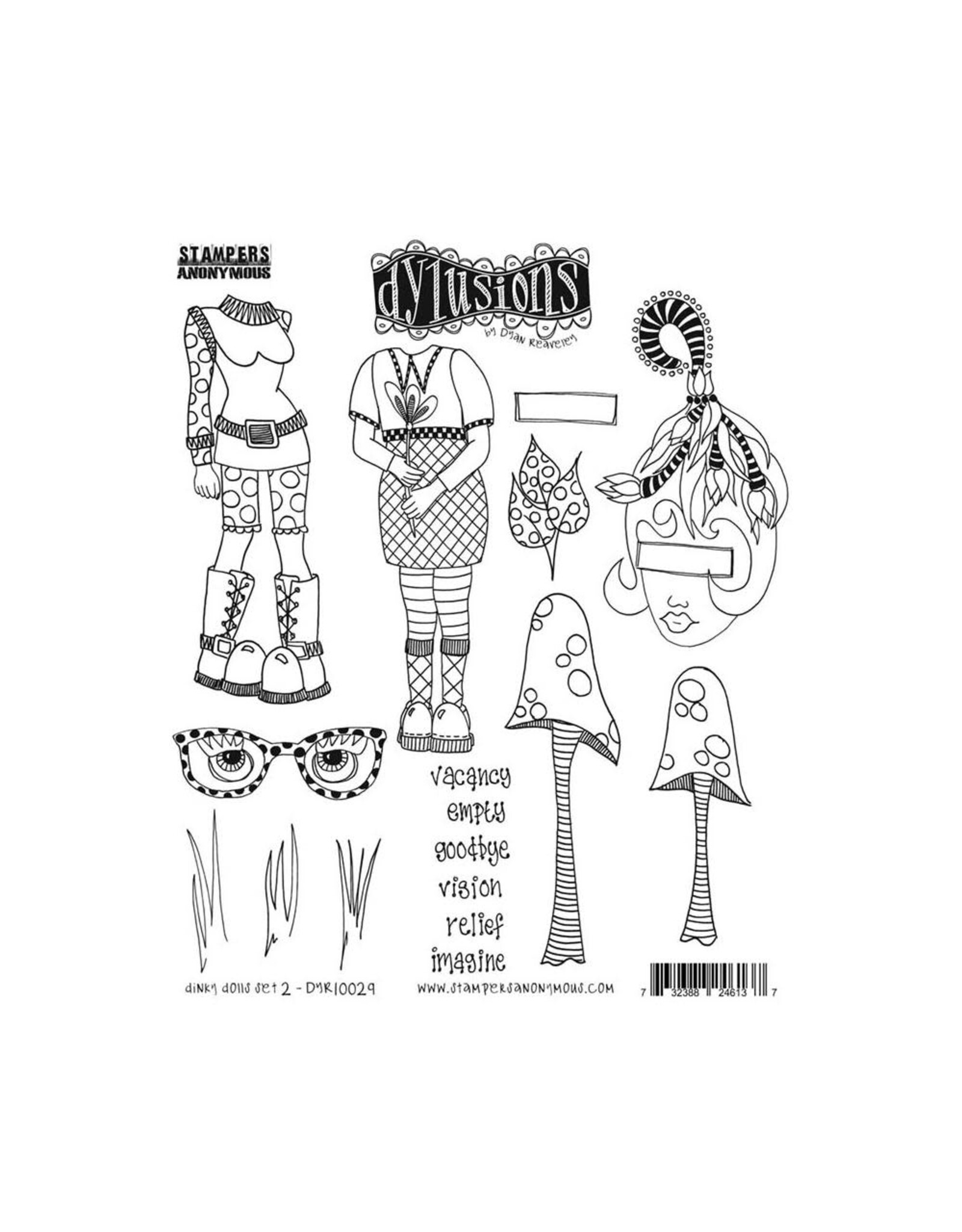 RANGER DYLUSIONS DINKY DOLLS SET #2 8.5x7 CLING STAMP SET