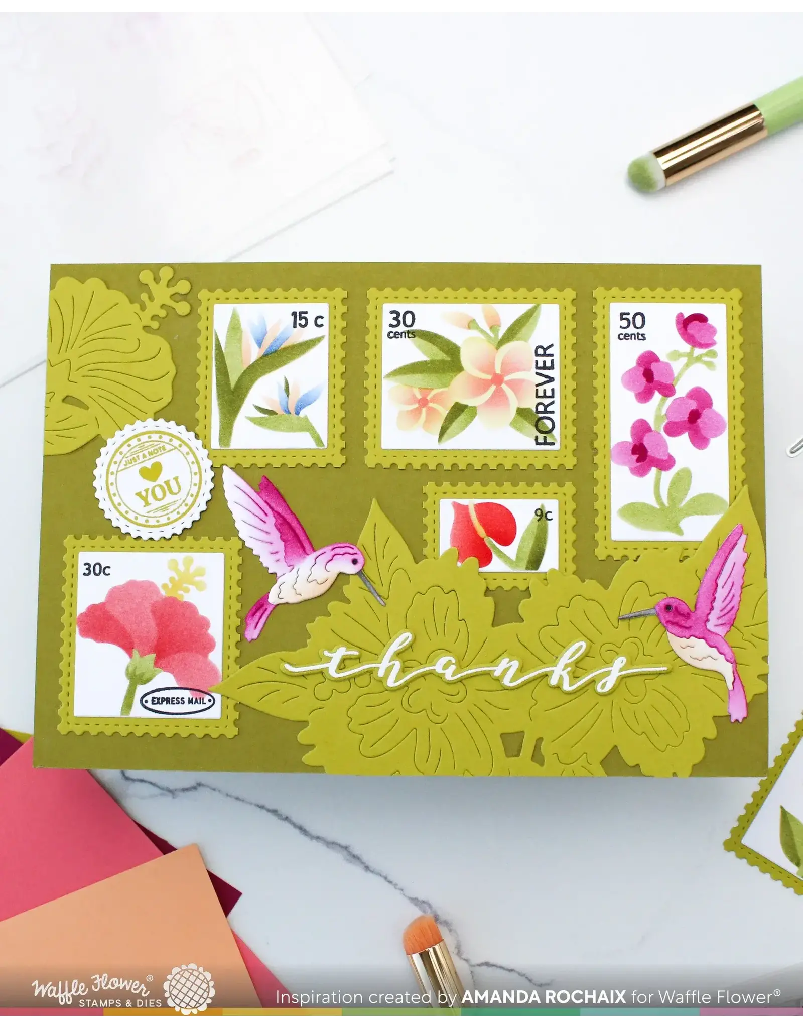 WAFFLE FLOWER WAFFLE FLOWER POSTAGE COLLAGE TROPICAL FLOWERS STENCIL SET