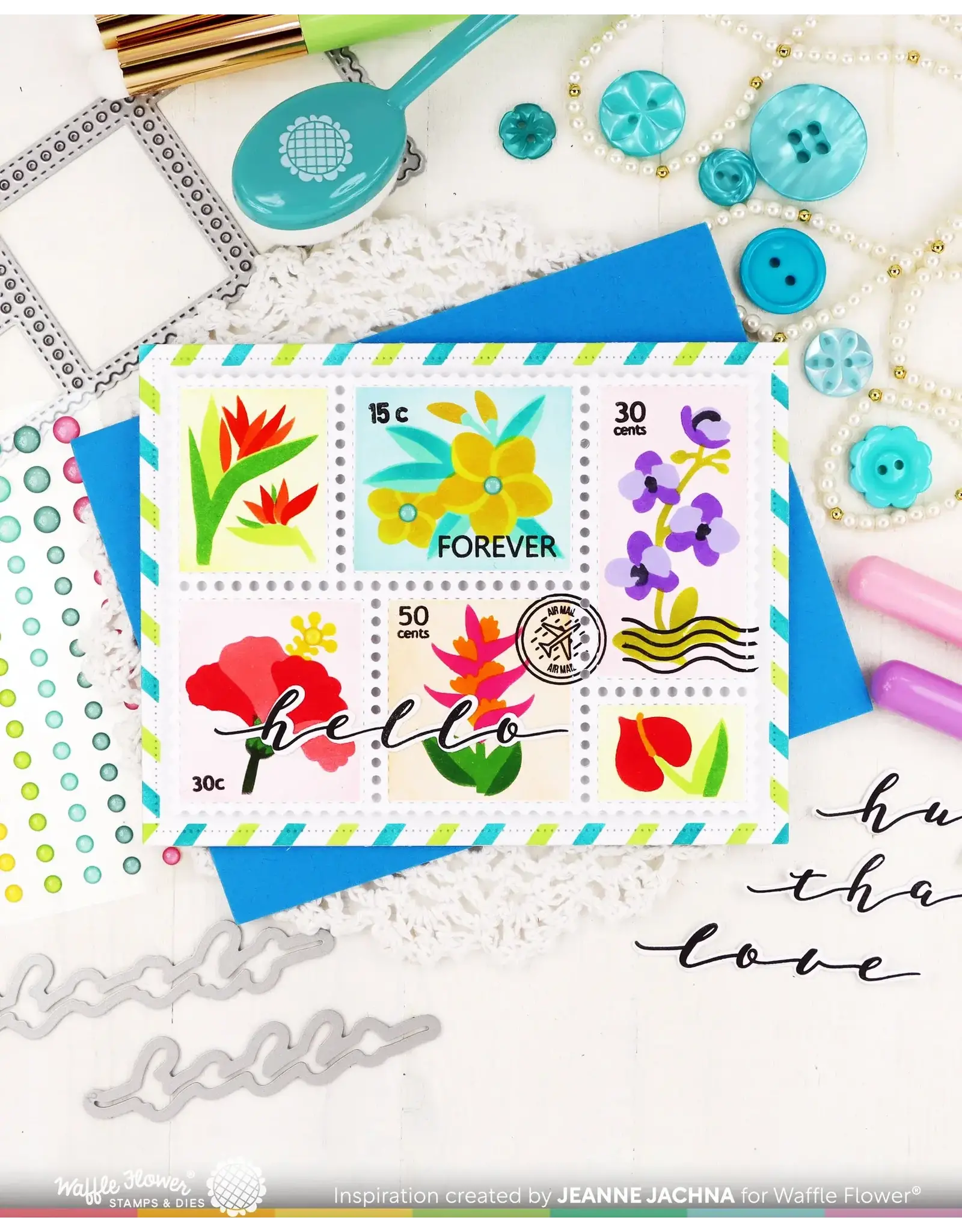 WAFFLE FLOWER WAFFLE FLOWER POSTAGE COLLAGE TROPICAL FLOWERS STENCIL SET