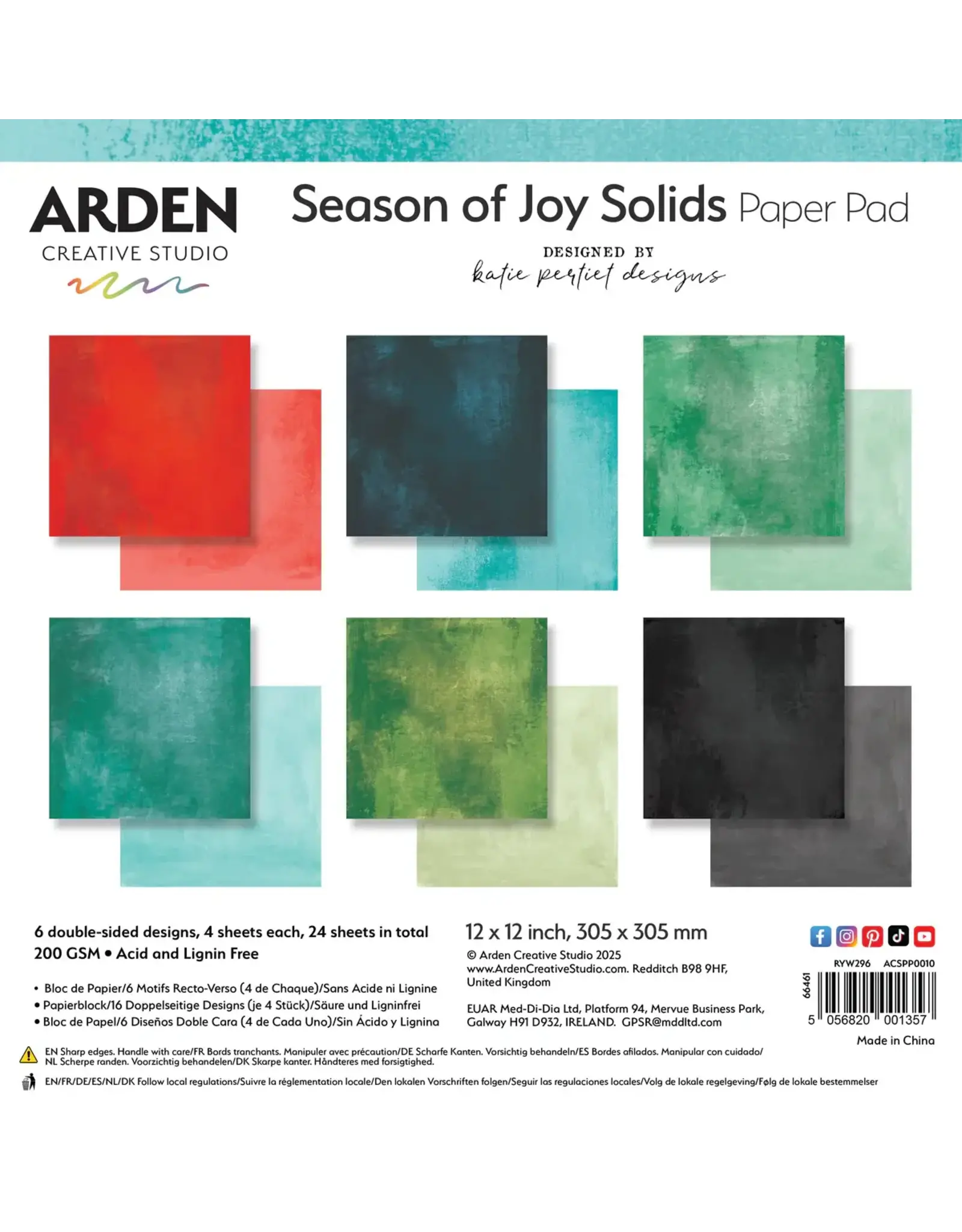 ARDEN CREATIVE STUDIO ARDEN CREATIVE STUDIO SEASON OF JOY SOLIDS 12x12 PAPER PAD 24 SHEETS