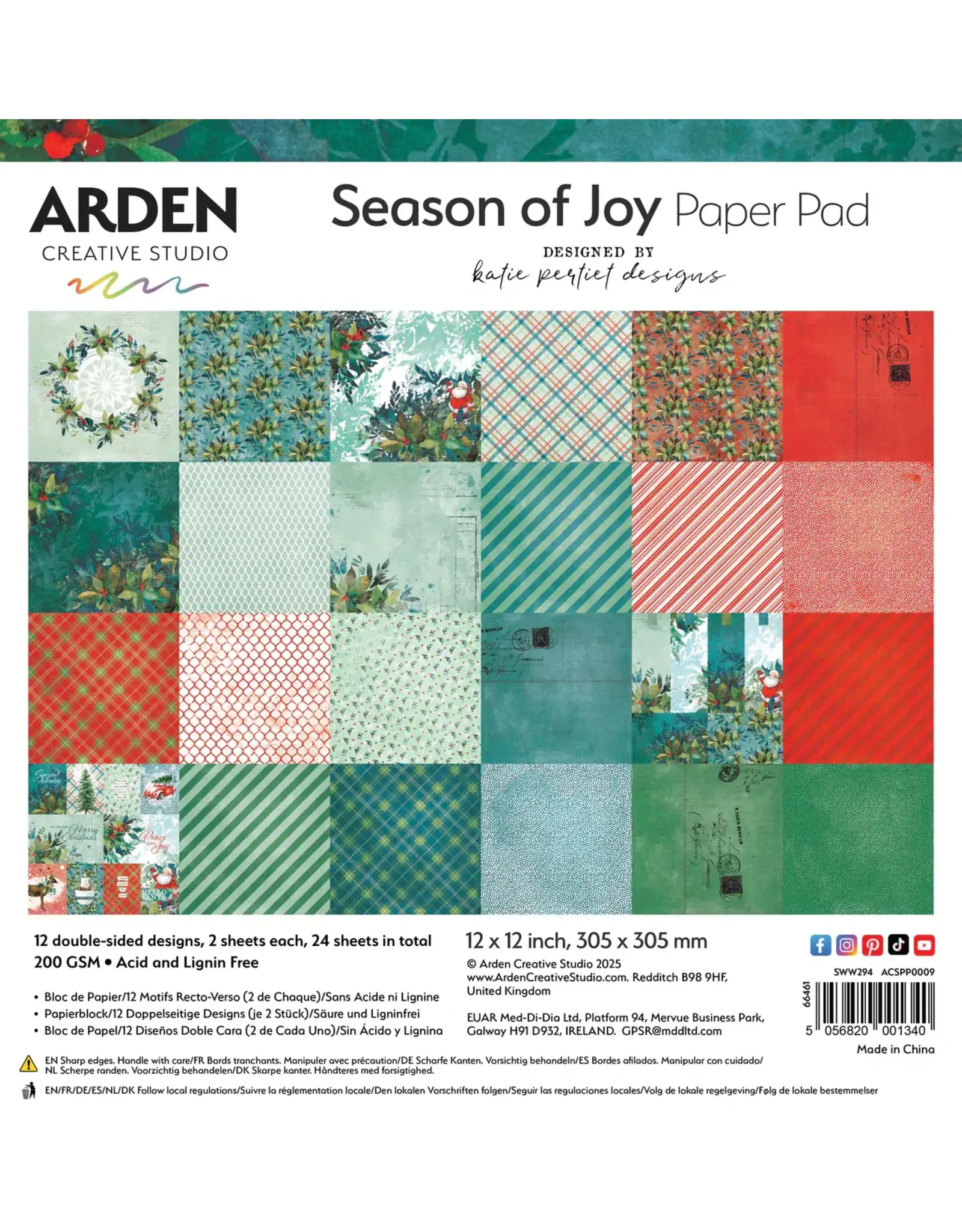 ARDEN CREATIVE STUDIO ARDEN CREATIVE STUDIO SEASON OF JOY 12x12 PAPER PAD 24 SHEETS