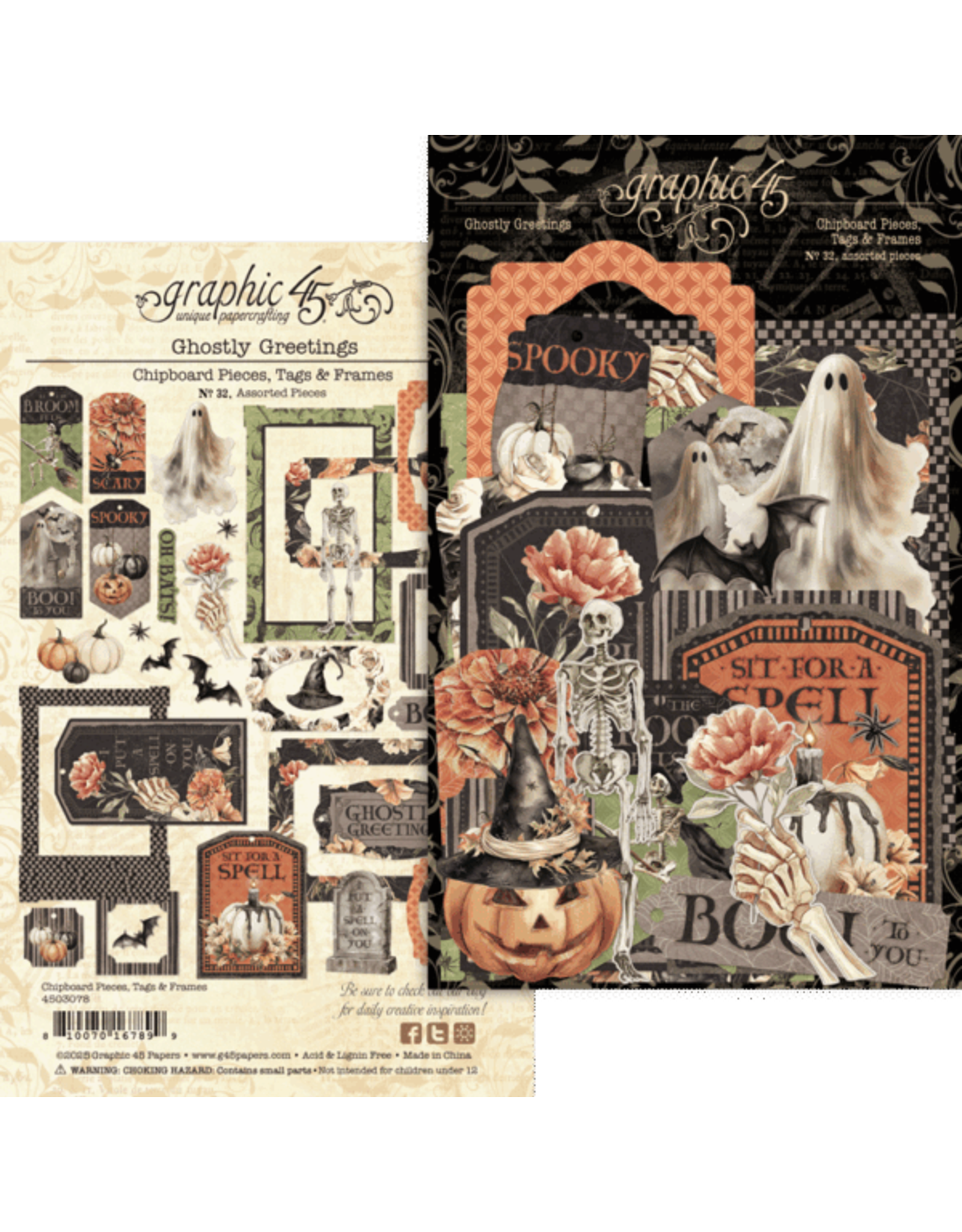 GRAPHIC 45 GRAPHIC 45 GHOSTLY GREETINGS CHIPBOARD TAGS & FRAMES 32/PK