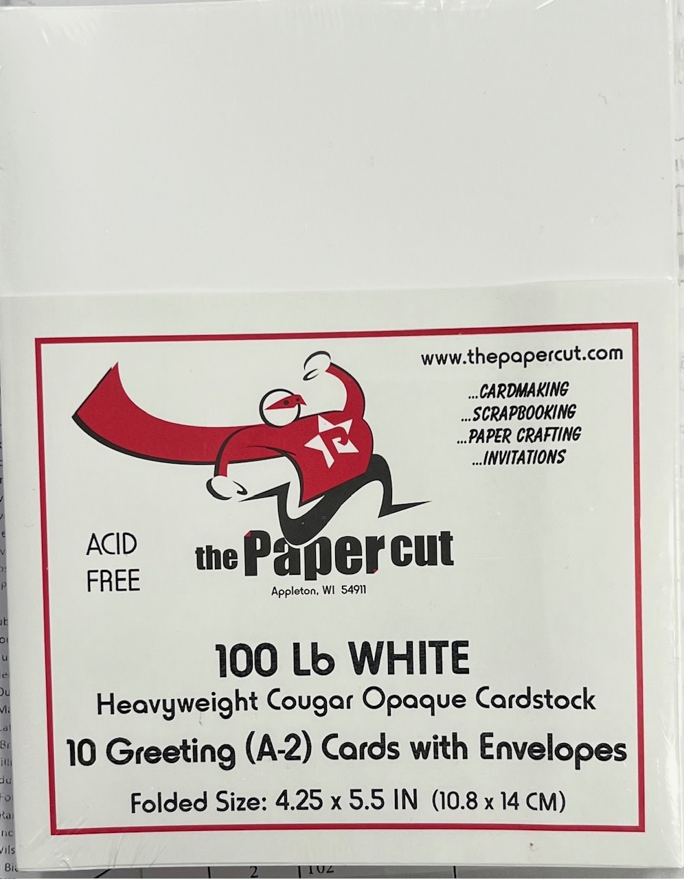 PAPER CUT THE PAPER CUT 10 GREETING (A-2) WHITE HEAVYWEIGHT COUGAR OPAQUE 100lb CARDS WITH ENVELOPES