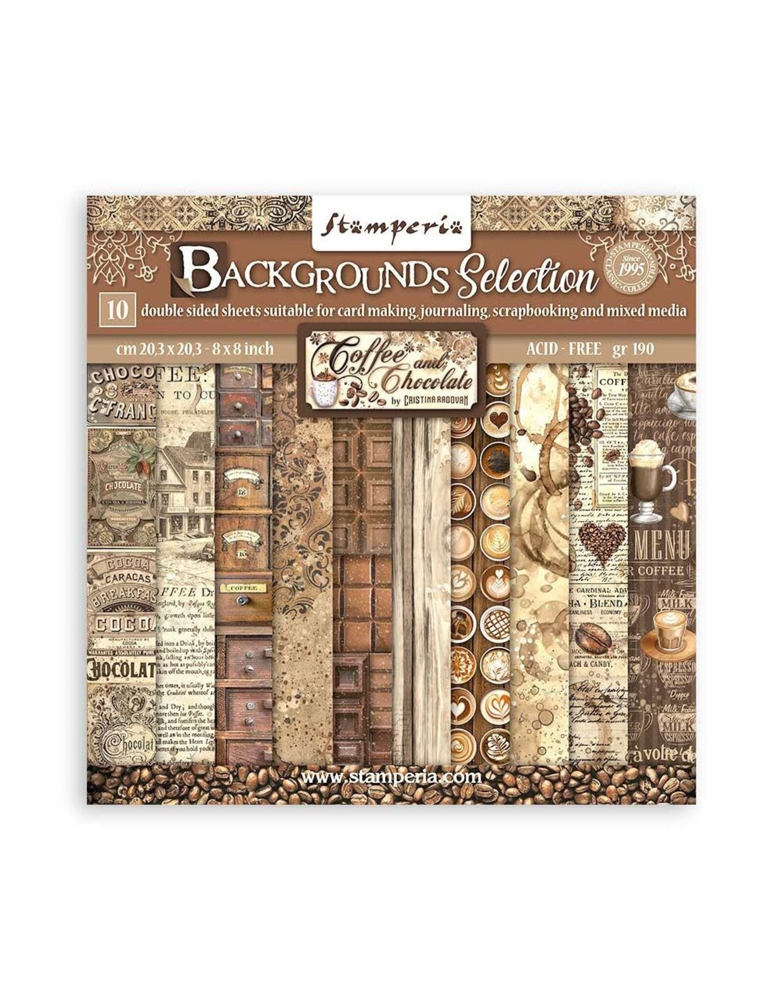 STAMPERIA STAMPERIA COFFEE AND CHOCOLATE BACKGROUNDS SELECTION 8x8 PAPER PACK 10 SHEETS