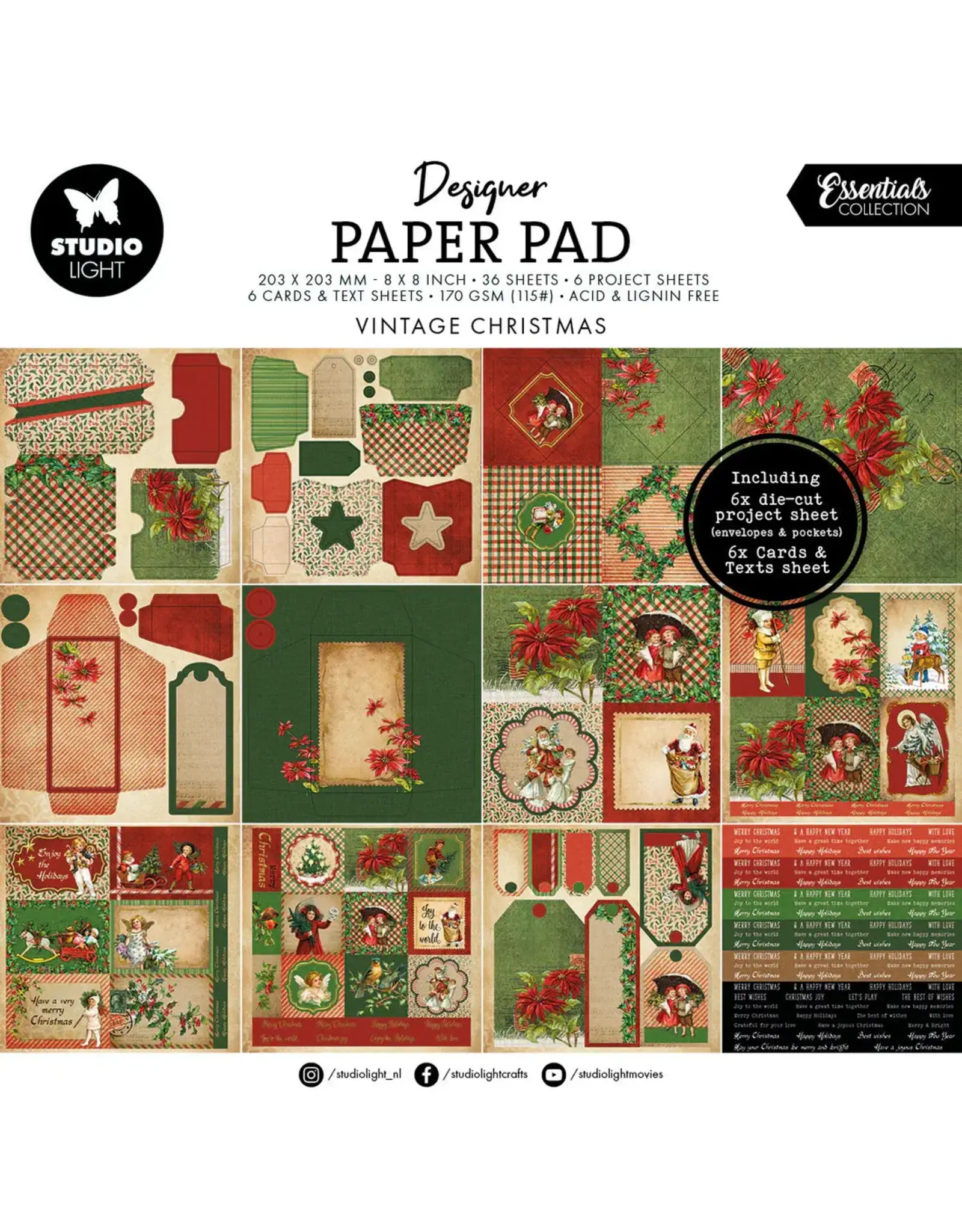 STUDIOLIGHT STUDIOLIGHT ESSENTIALS COLLECTION VINTAGE CHRISTMAS 8x8 MIXED PAPER PAD