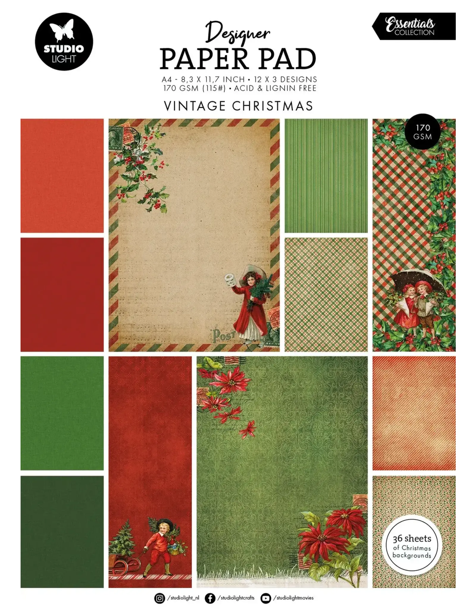 STUDIOLIGHT STUDIOLIGHT ESSENTIALS COLLECTION VINTAGE CHRISTMAS DESIGNER PAPER PAD