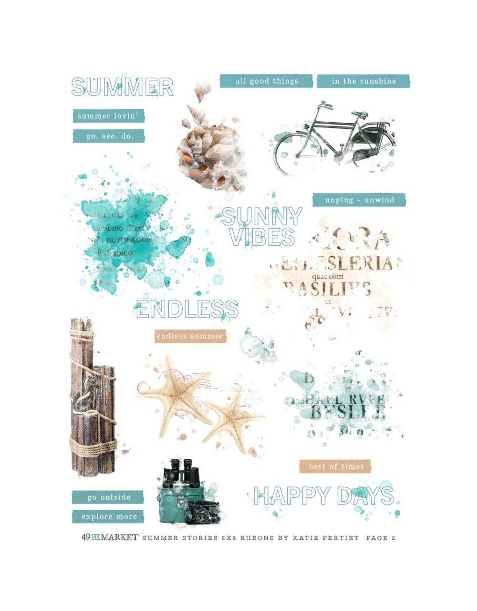 49 AND MARKET 49 AND MARKET VINTAGE BITS SUMMER STORIES 6x8 RUB-ON TRANSFER SET 2/PK