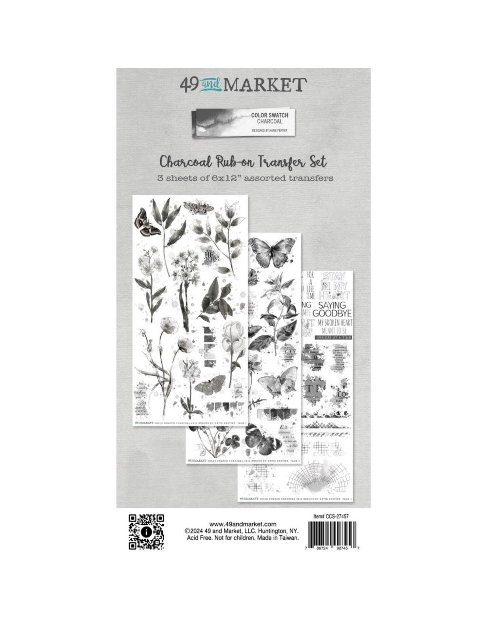 49 AND MARKET 49 AND MARKET COLOR SWATCH CHARCOAL 6x12 RUB-ON TRANSFER SET 3/PK