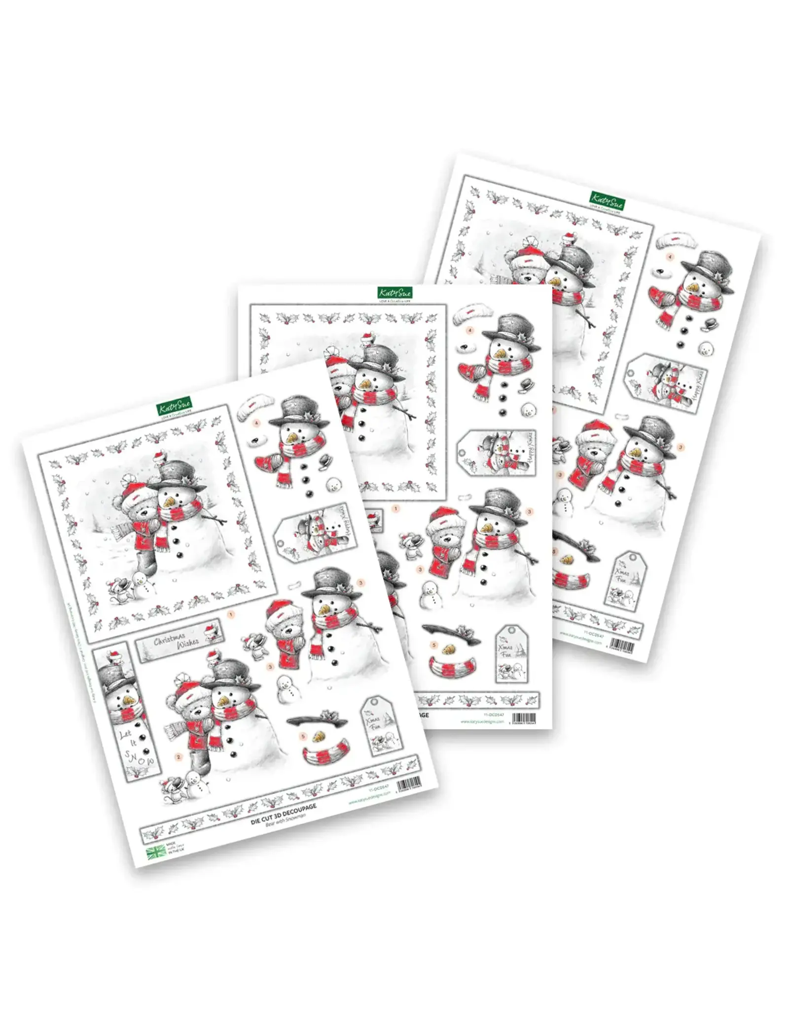 KATY SUE KATY SUE BEAR WITH SNOWMAN DIE CUT 3D DECOUPAGE 3/PK
