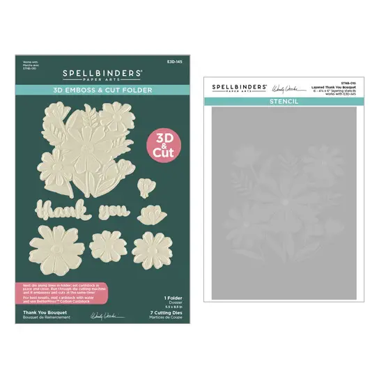 SPELLBINDERS SPELLBINDERS WENDY VECCHI TABBED CLASSICS COLLECTION THANK YOU BOUQUET 3D EMBOSSING FOLDER AND STENCIL