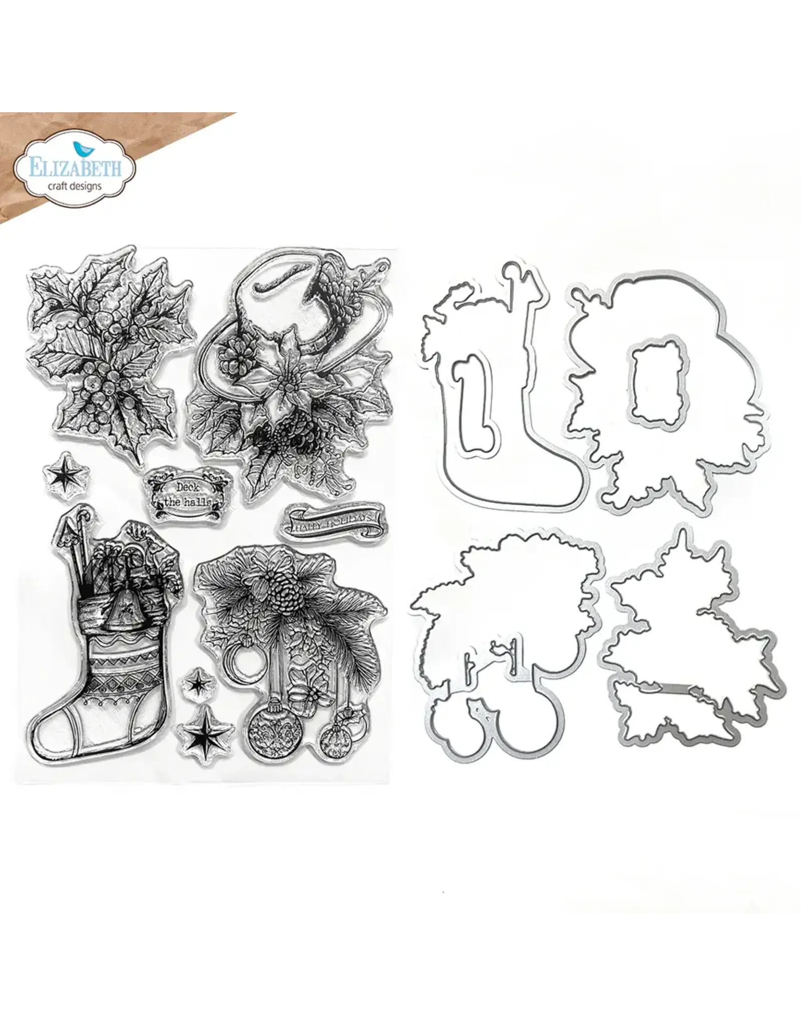 ELIZABETH CRAFT DESIGNS ELIZABETH CRAFT DESIGNS GOLDEN SEASON DECK THE HALLS CLEAR STAMP & DIE SET