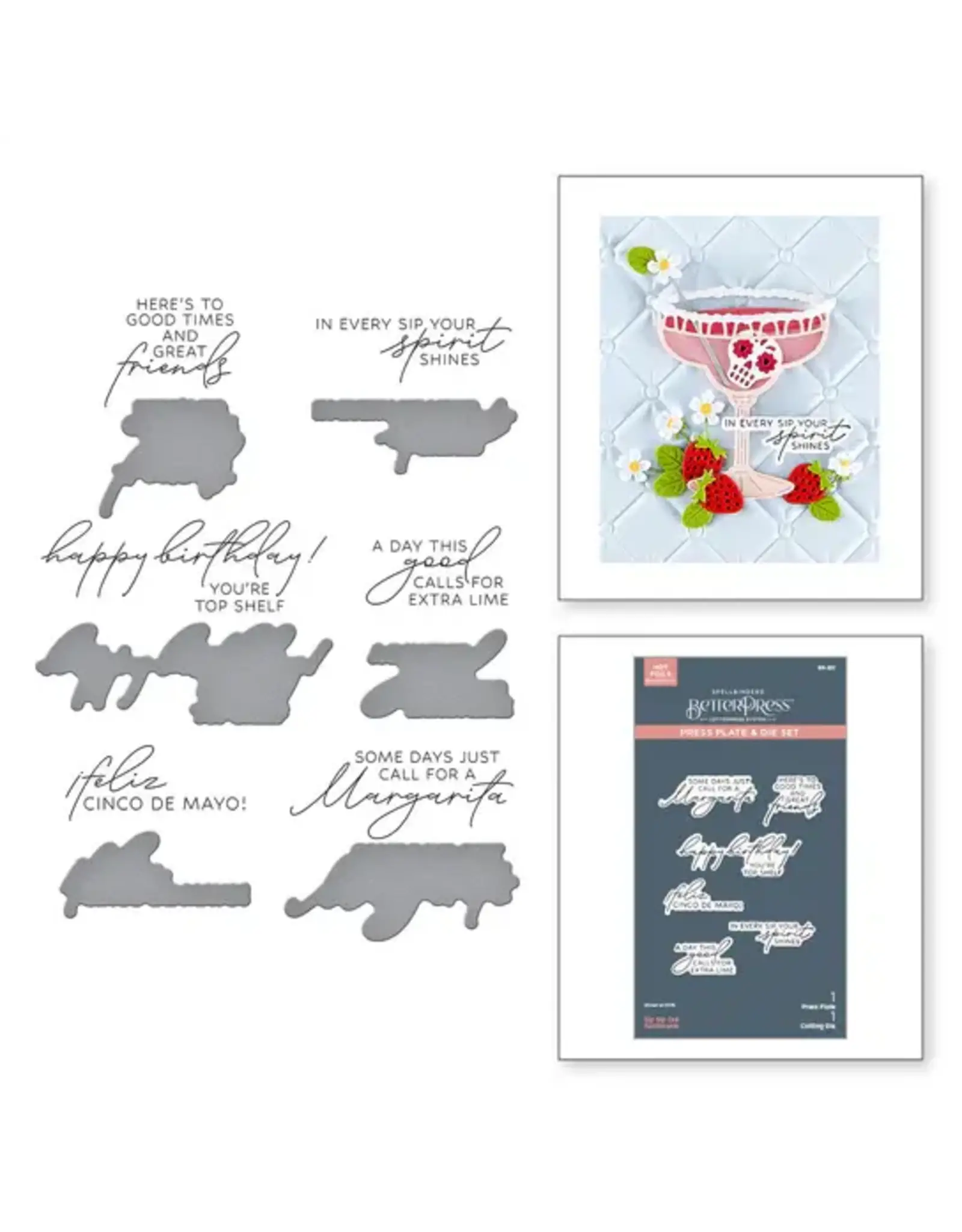 SPELLBINDERS SPELLBINDERS BETTERPRESS HAPPIER HOUR COLLECTION SIP SIP OLE SENTIMENTS PRESS PLATES & DIE SET