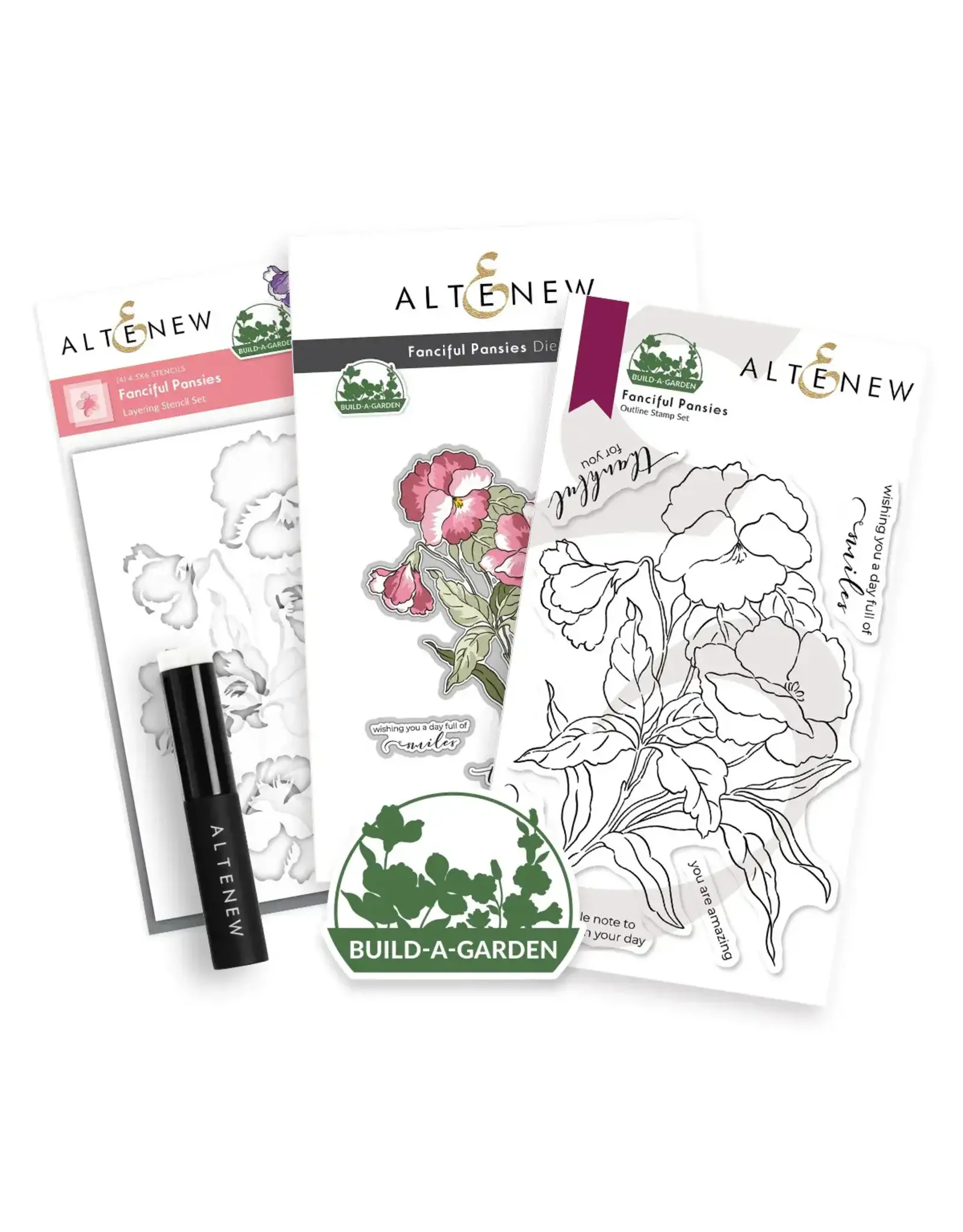 ALTENEW ALTENEW BUILD-A-GARDEN FANCIFUL PANSIES CLEAR STAMP, DIE SET AND STENCIL SET BUNDLE
