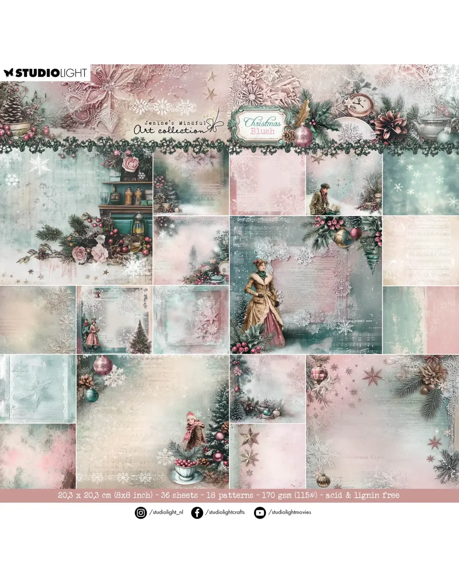 STUDIOLIGHT STUDIOLIGHT JENINE'S MINDFUL ART COLLECTION CHRISTMAS BLUSH BACKGROUNDS 8x8 PAPER PAD