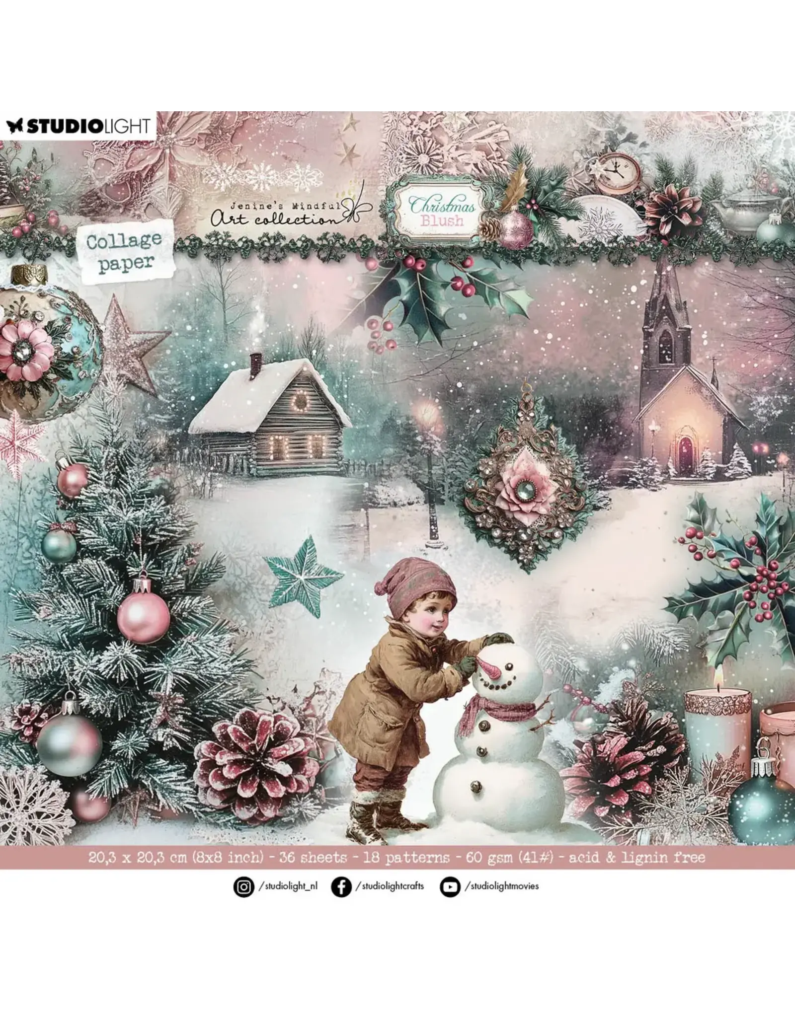 STUDIOLIGHT STUDIOLIGHT JENINE'S MINDFUL ART COLLECTION CHRISTMAS BLUSH 8x8 BACKGROUNDS & ELEMENTS COLLAGE  PAPER PAD