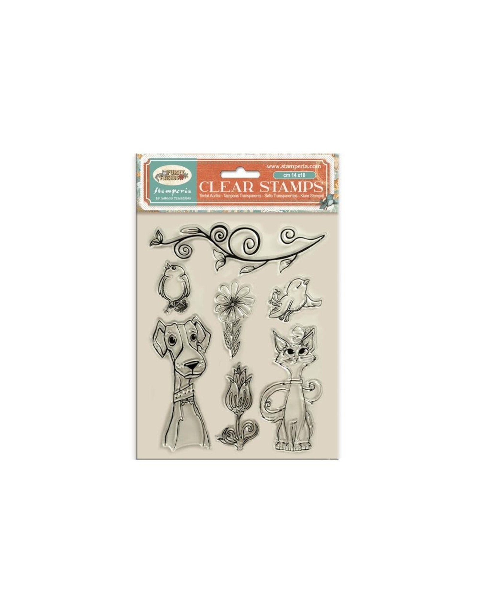 STAMPERIA STAMPERIA FURRY FRIENDS DOG, CAT AND FLOWERS CLEAR STAMP SET