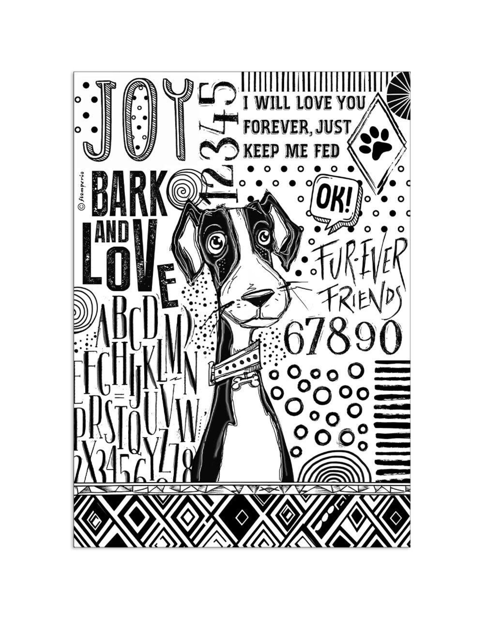 STAMPERIA STAMPERIA FURRY FRIENDS DOG BLACK AND WHITE A4 RICE PAPER