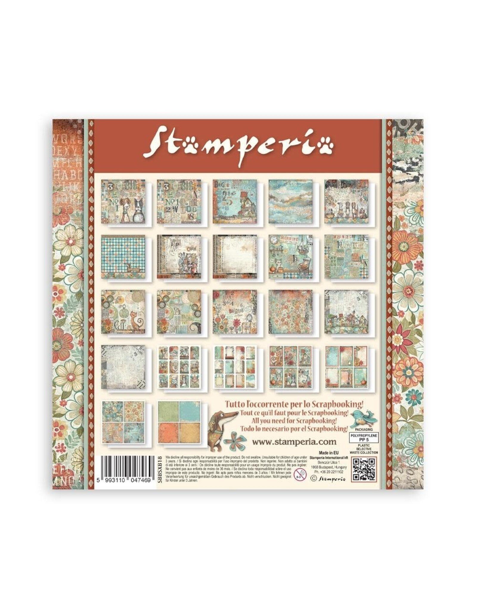 STAMPERIA STAMPERIA FURRY FRIENDS MAXI PAD 8x8 PAPER PACK 22 SINGLE FACED SHEETS