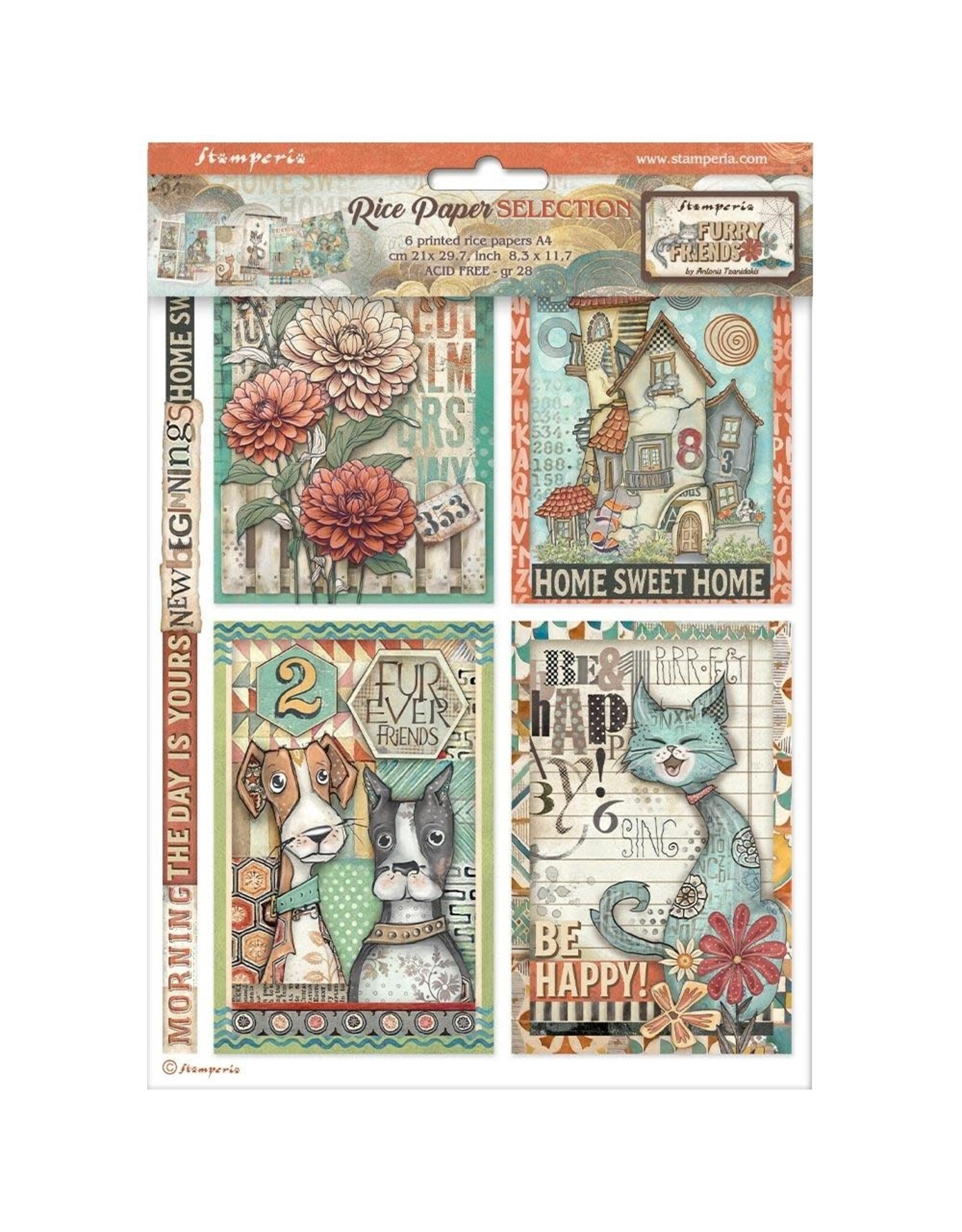 STAMPERIA STAMPERIA FURRY FRIENDS ASSORTED A4 RICE PAPER 6/PK