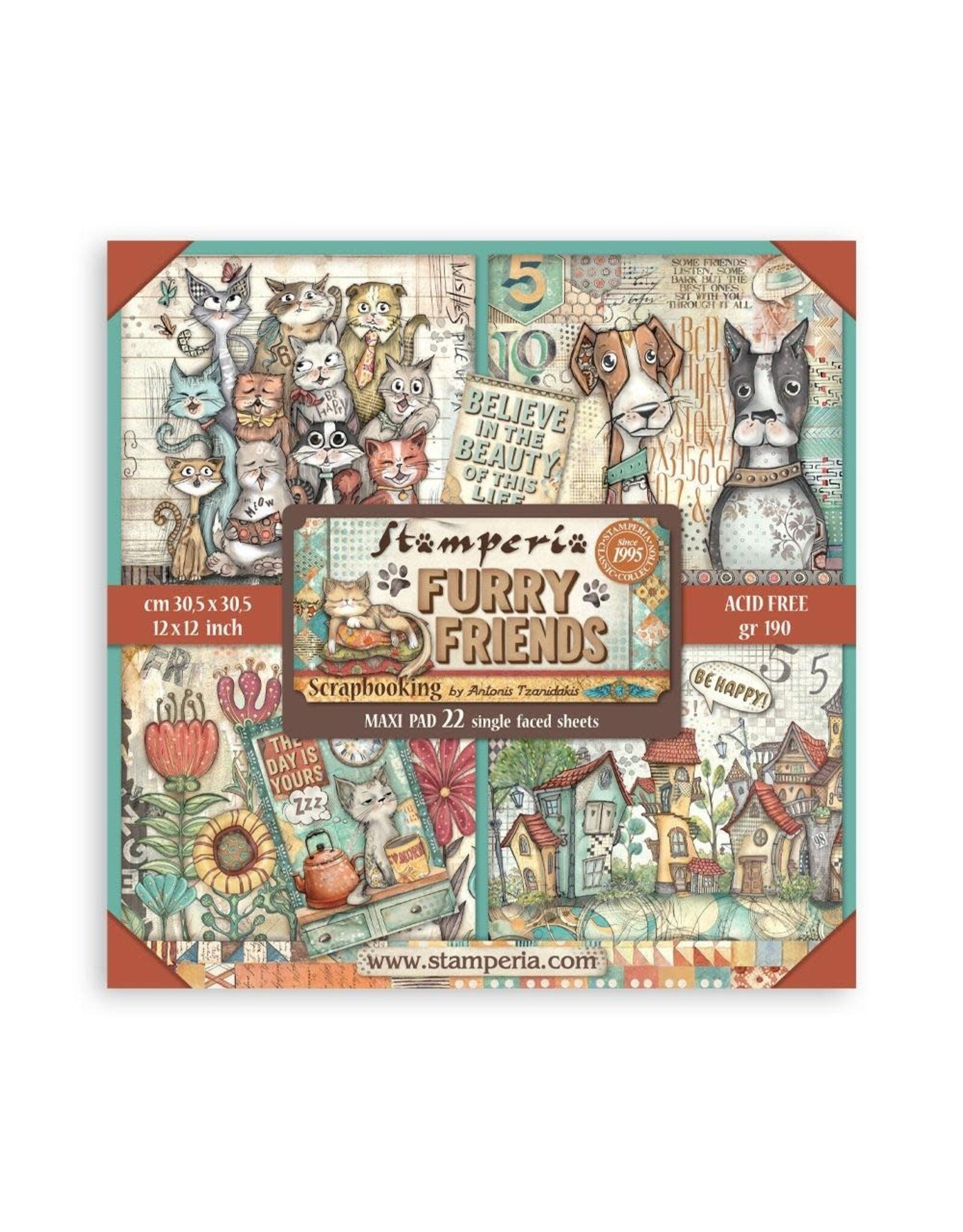STAMPERIA STAMPERIA FURRY FRIENDS MAXI PAD 12x12 PAPER PACK 22 SHEETS