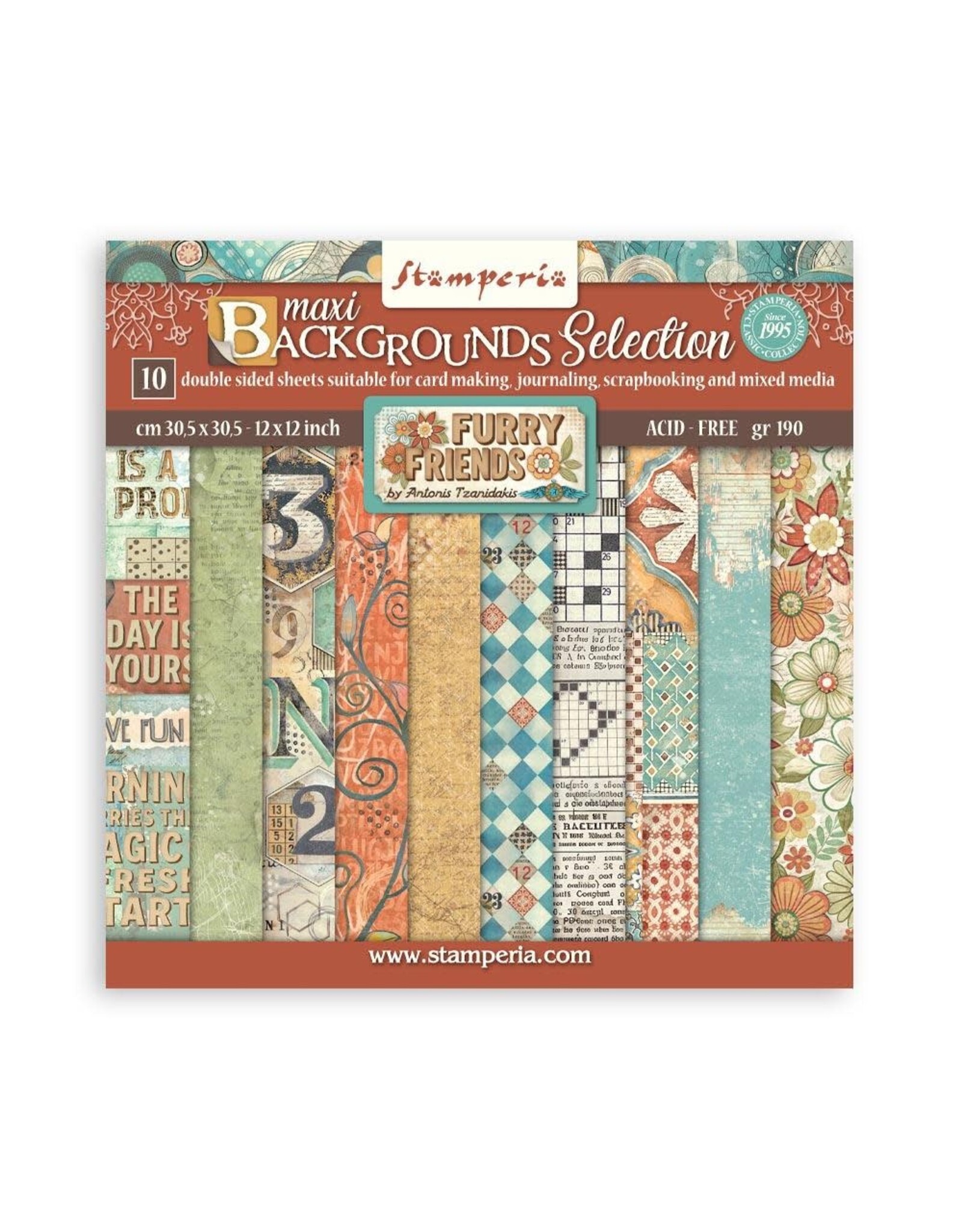 STAMPERIA STAMPERIA FURRY FRIENDS BACKGROUNDS SELECTION 12x12 PAPER PACK 10 SHEETS