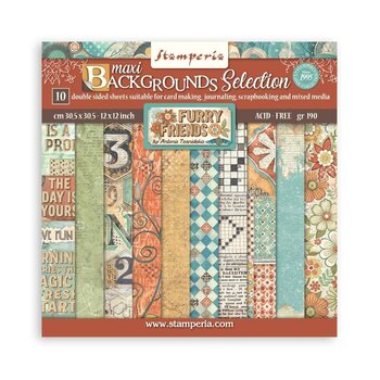 STAMPERIA STAMPERIA FURRY FRIENDS BACKGROUNDS SELECTION 12x12 PAPER PACK 10 SHEETS