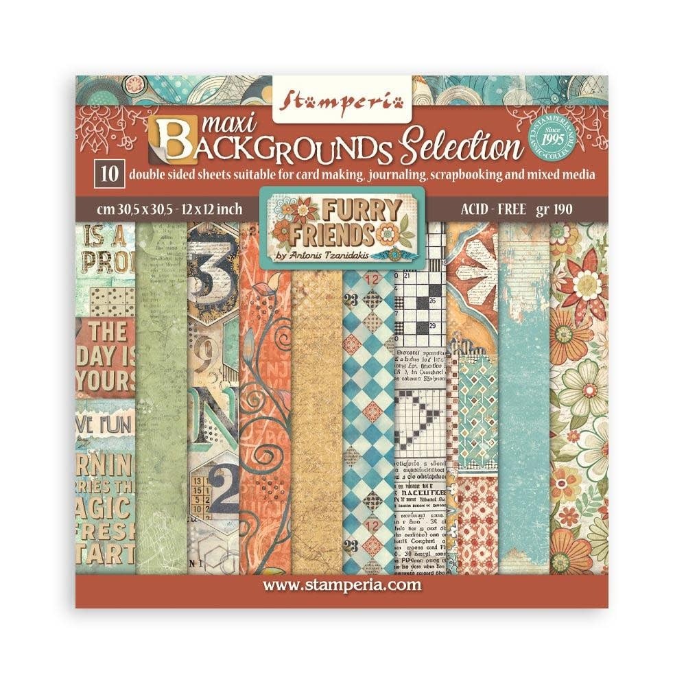 STAMPERIA STAMPERIA FURRY FRIENDS BACKGROUNDS SELECTION 12x12 PAPER PACK 10 SHEETS
