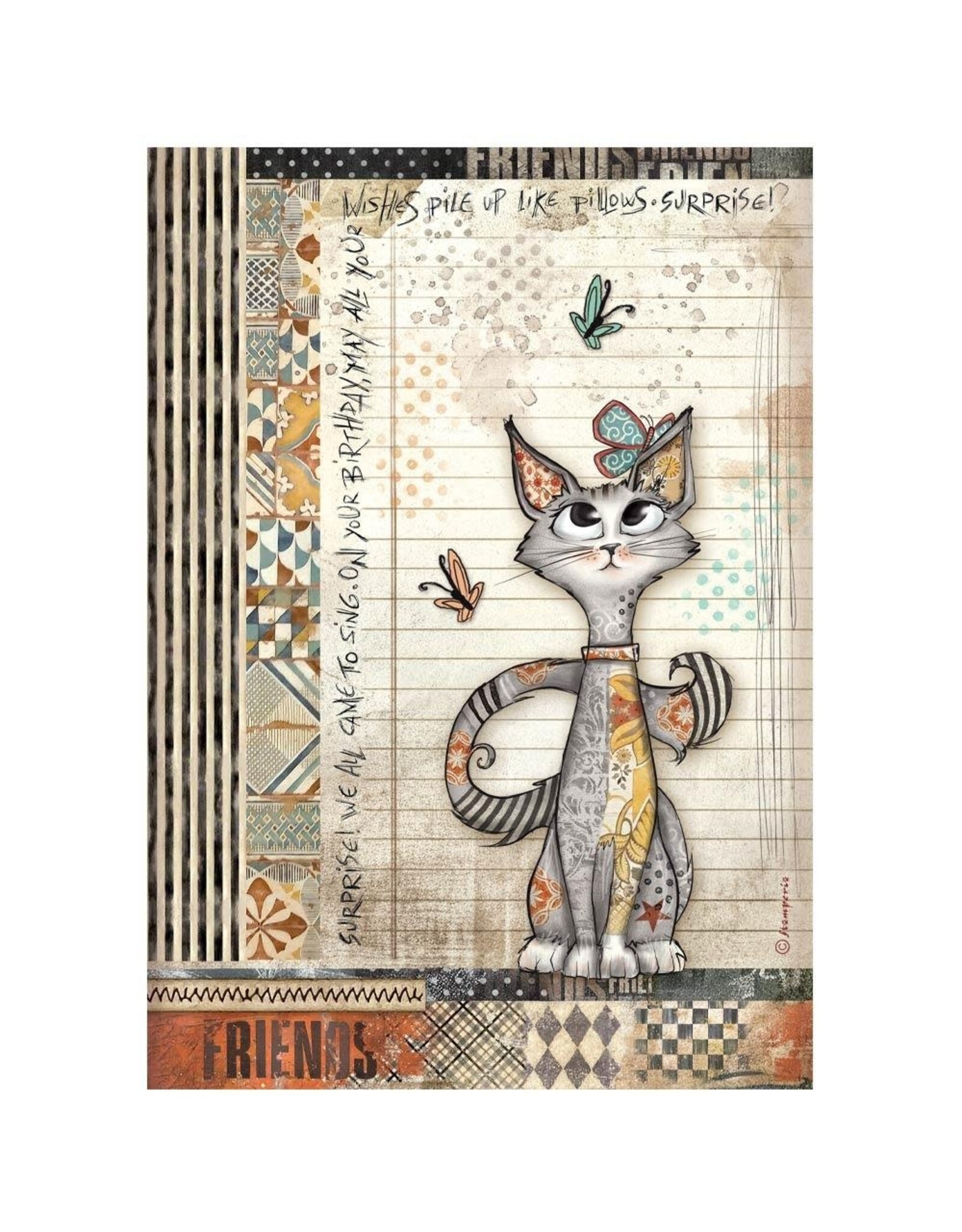 STAMPERIA STAMPERIA FURRY FRIENDS CAT AND BUTTERFLY A4 RICE PAPER