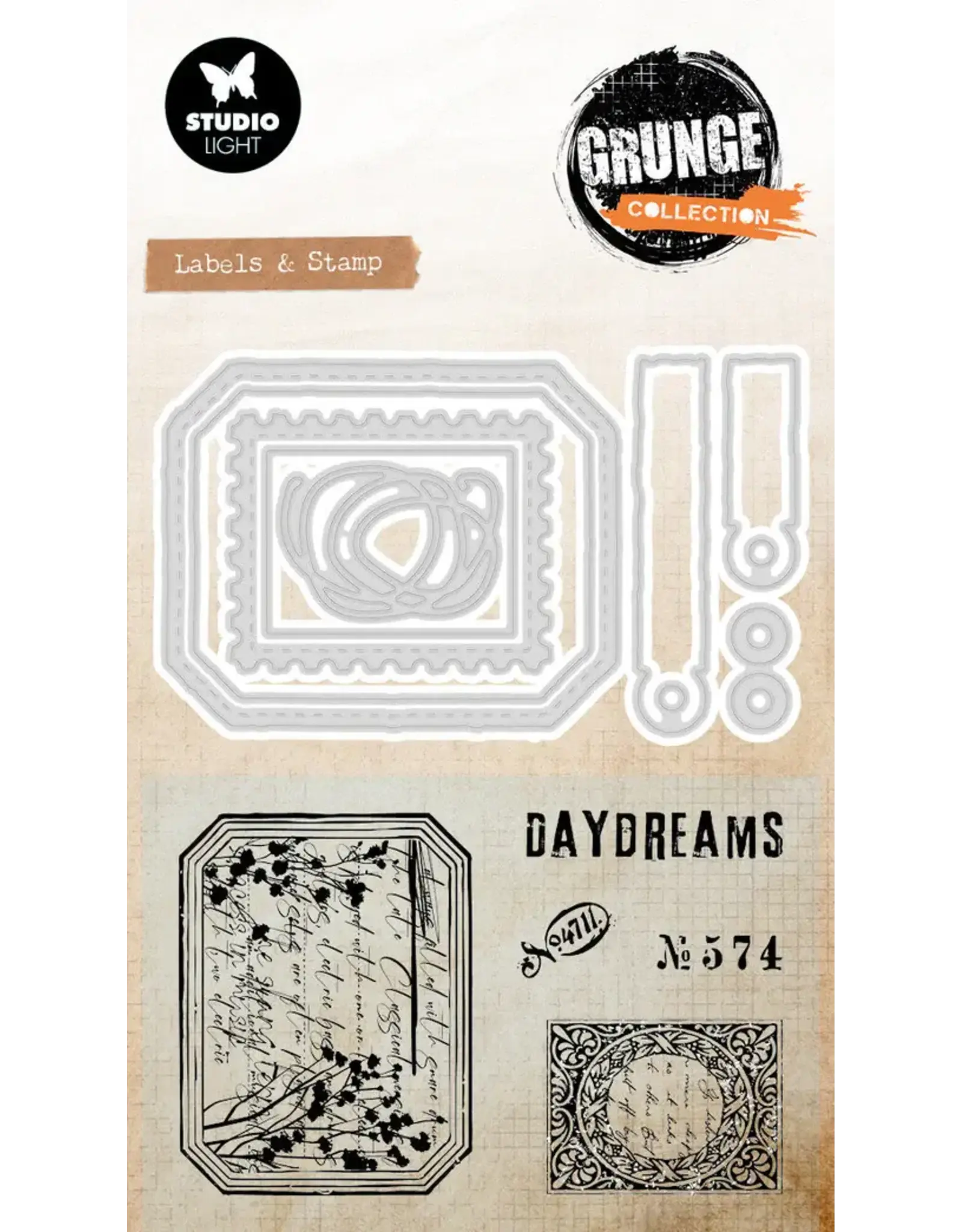 STUDIOLIGHT STUDIOLIGHT GRUNGE COLLECTION LABEL & STAMP STAMP AND CUTTING DIE SET