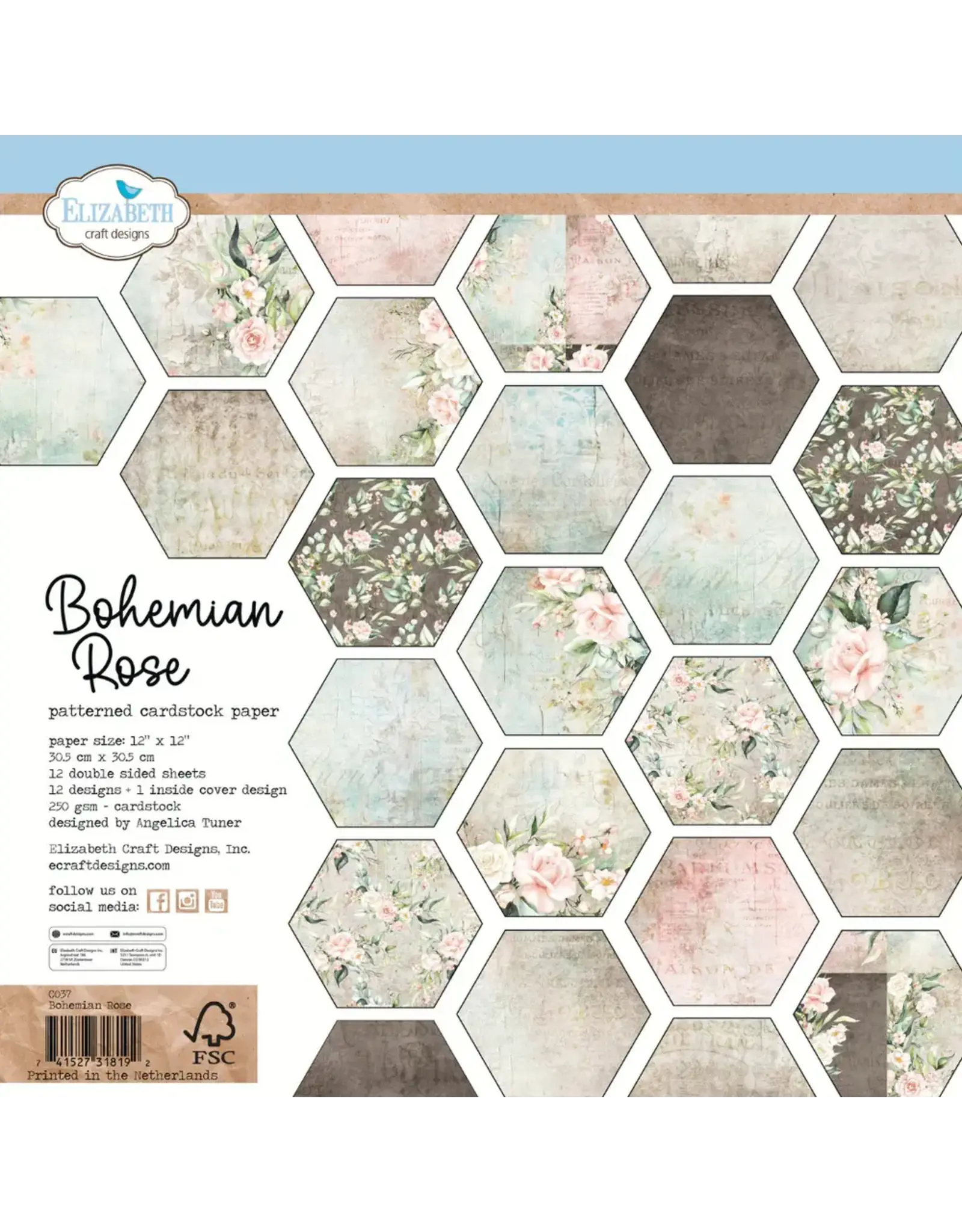 ELIZABETH CRAFT DESIGNS ELIZABETH CRAFT DESIGNS PAPER FLOWERS BY ANGELICA TURNER BOHEMIAN ROSE 12x12 PATTERENED PAPER PACK