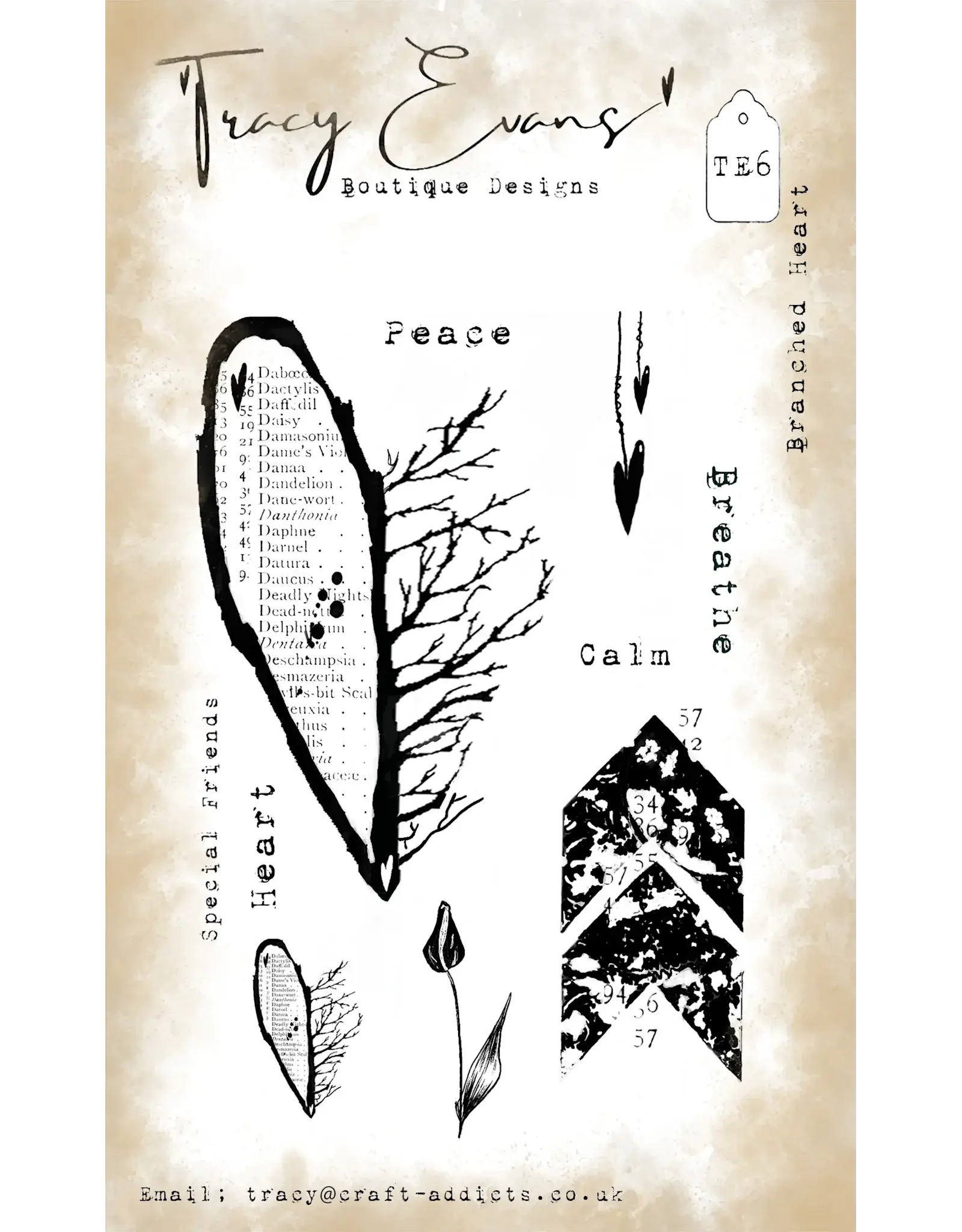 TRACY EVANS TRACY EVANS BOUTIQUE DESIGNS TE6 BRANCHED HEART A6 CLEAR STAMP SET