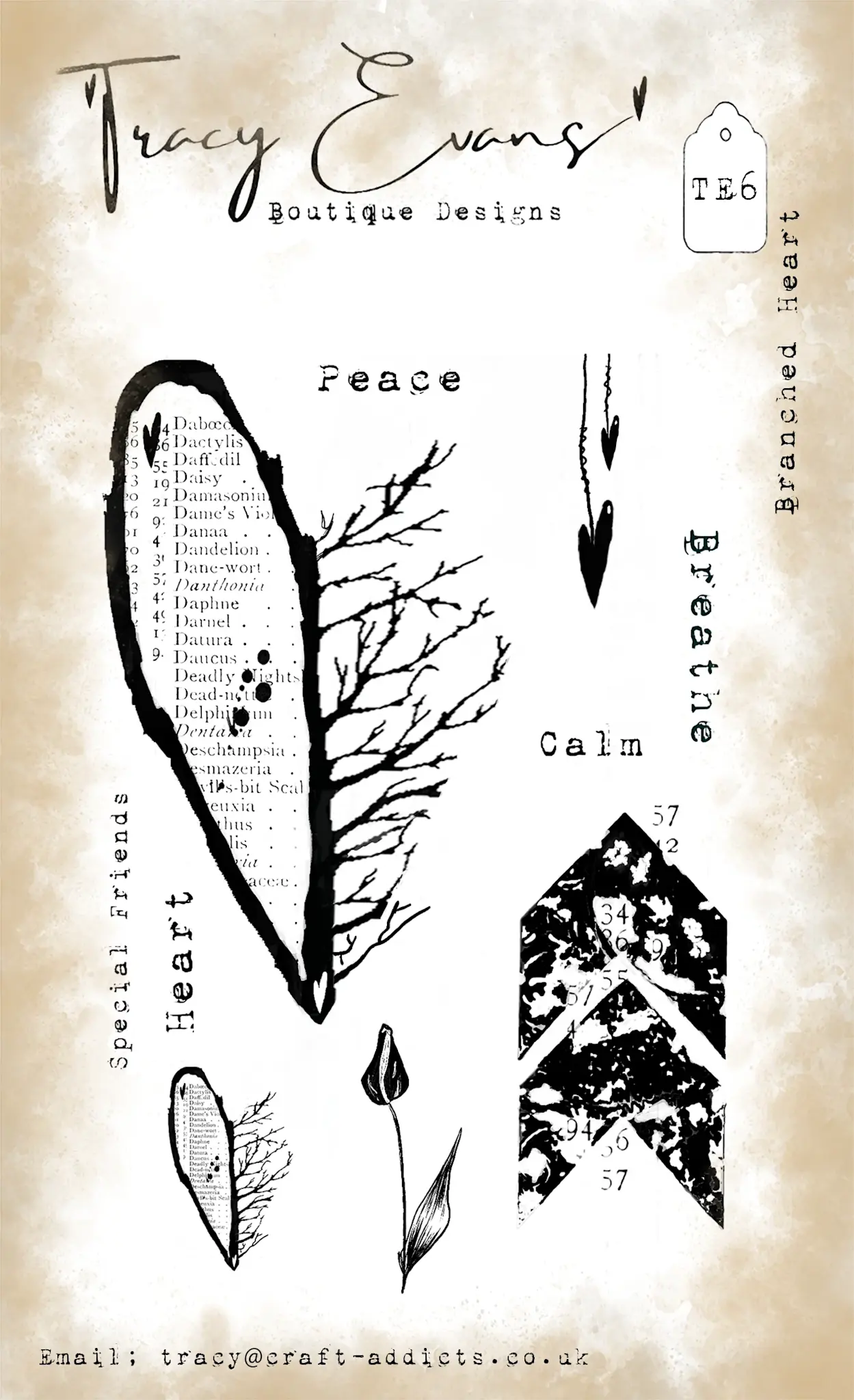 TRACY EVANS TRACY EVANS BOUTIQUE DESIGNS TE6 BRANCHED HEART A6 CLEAR STAMP SET