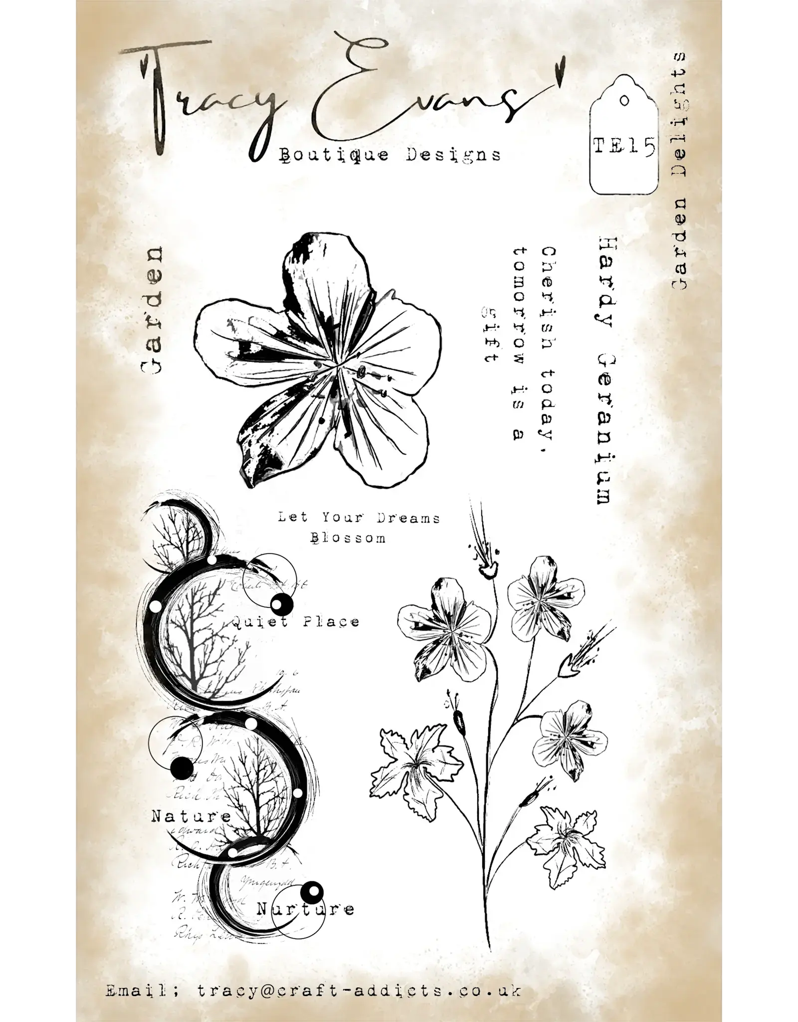 TRACY EVANS TRACY EVANS BOUTIQUE DESIGNS TE15 GARDEN DELIGHTS A6 CLEAR STAMP SET