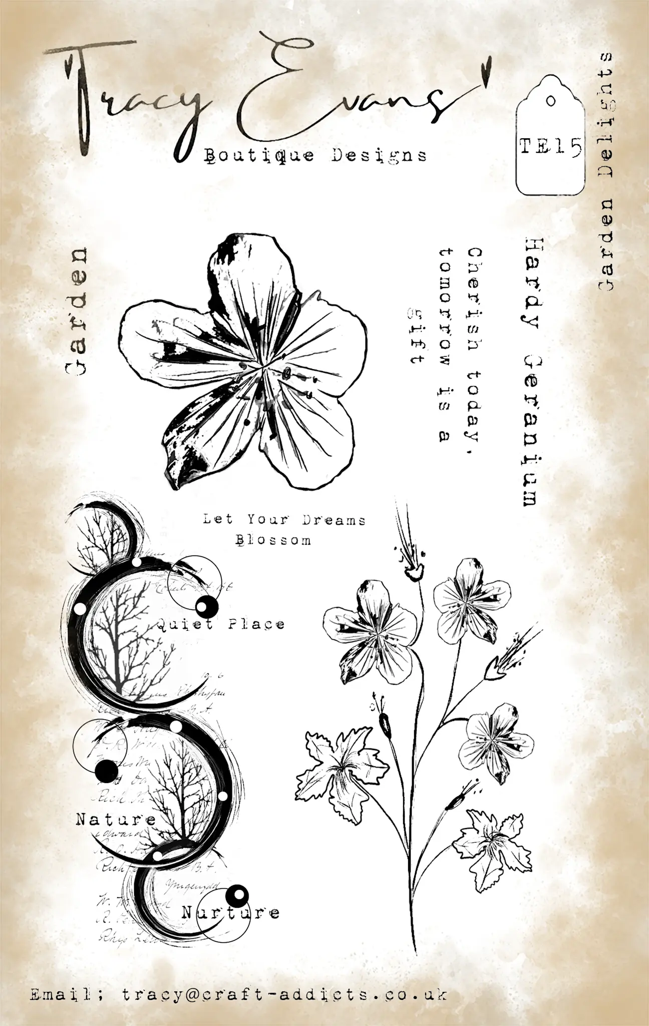 TRACY EVANS TRACY EVANS BOUTIQUE DESIGNS TE15 GARDEN DELIGHTS A6 CLEAR STAMP SET