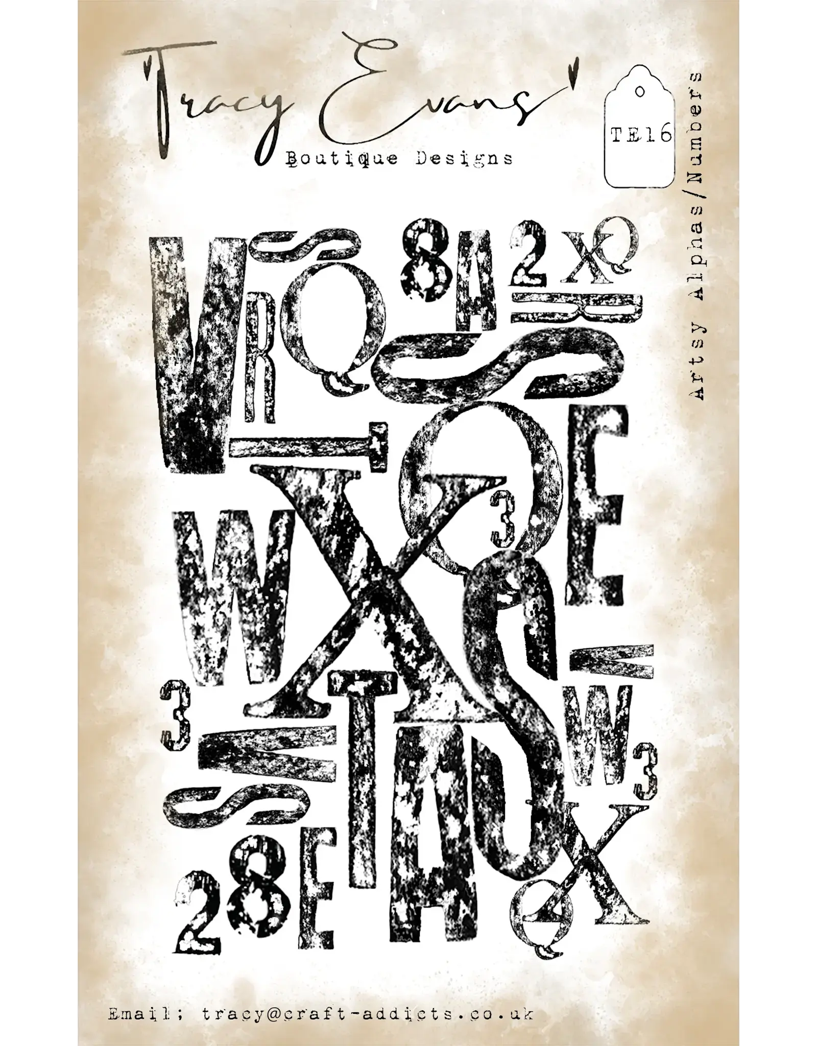 TRACY EVANS TRACY EVANS BOUTIQUE DESIGNS TE16 ARTSY ALPHA/NUMBERS A7 CLEAR STAMP