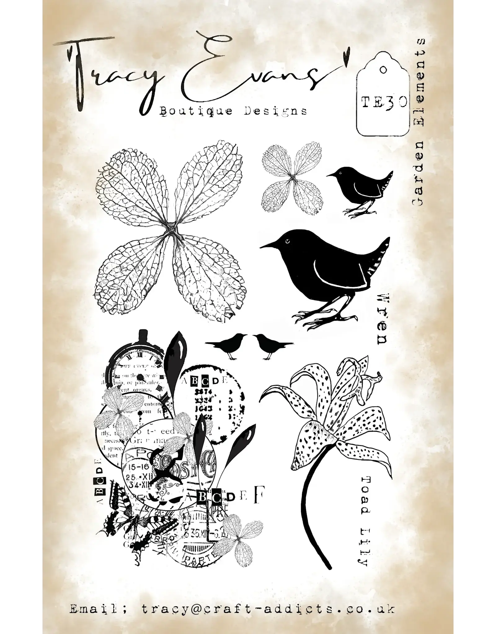 TRACY EVANS TRACY EVANS BOUTIQUE DESIGNS TE30 GARDEN ELEMENTS A5 CLEAR STAMP SET