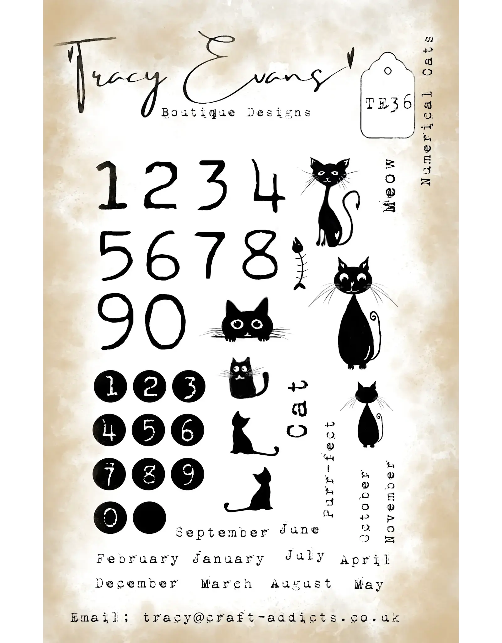 TRACY EVANS TRACY EVANS BOUTIQUE DESIGNS TE36 NUMERICAL CATS A5 CLEAR STAMP SET