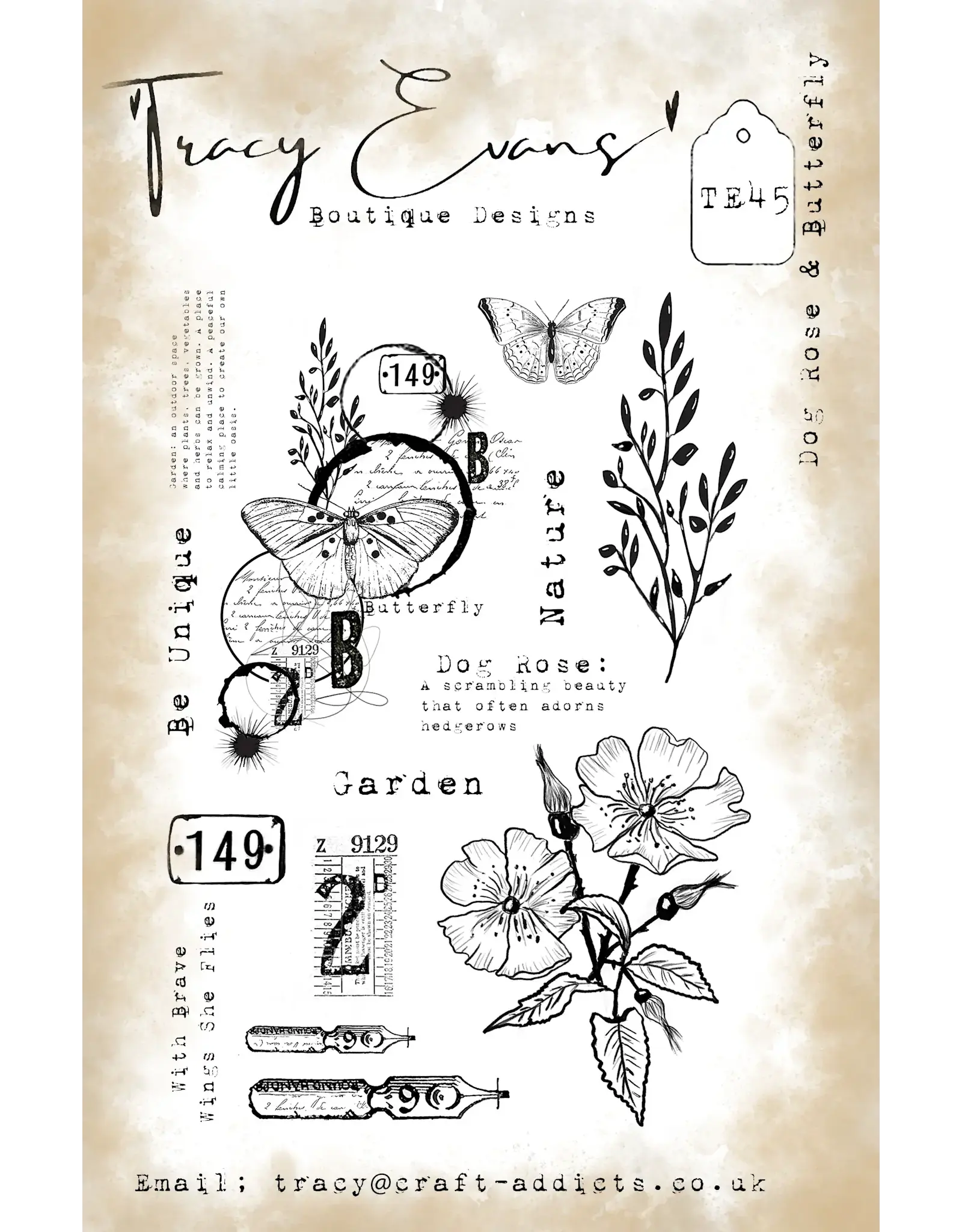 TRACY EVANS TRACY EVANS BOUTIQUE DESIGNS TE45 DOG ROSE & BUTTERFLY A5 CLEAR STAMP SET