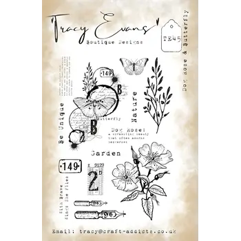 TRACY EVANS TRACY EVANS BOUTIQUE DESIGNS TE45 DOG ROSE & BUTTERFLY A5 CLEAR STAMP SET