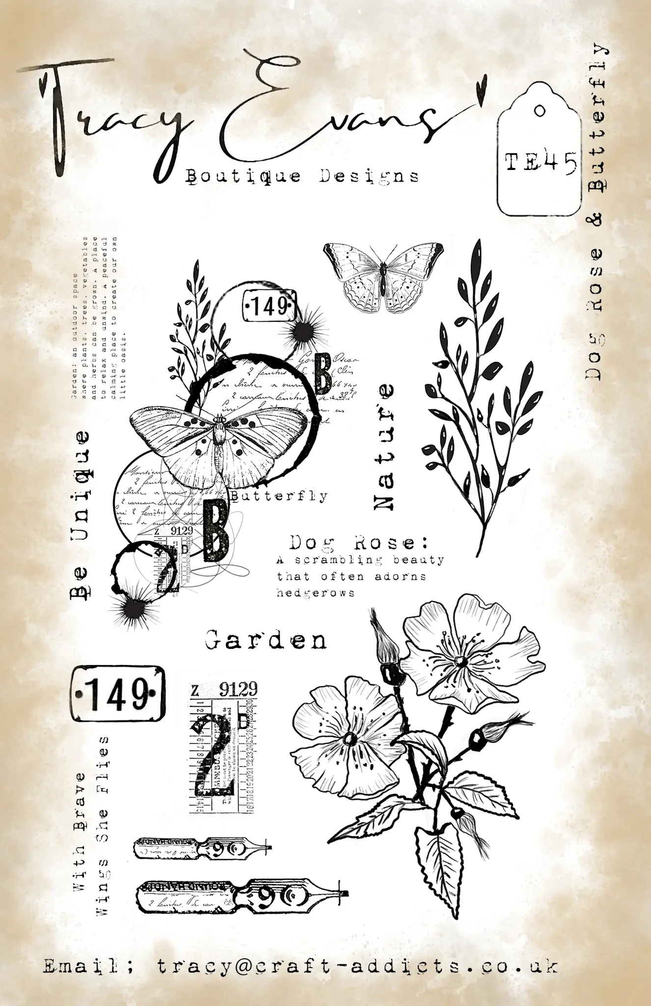 TRACY EVANS TRACY EVANS BOUTIQUE DESIGNS TE45 DOG ROSE & BUTTERFLY A5 CLEAR STAMP SET