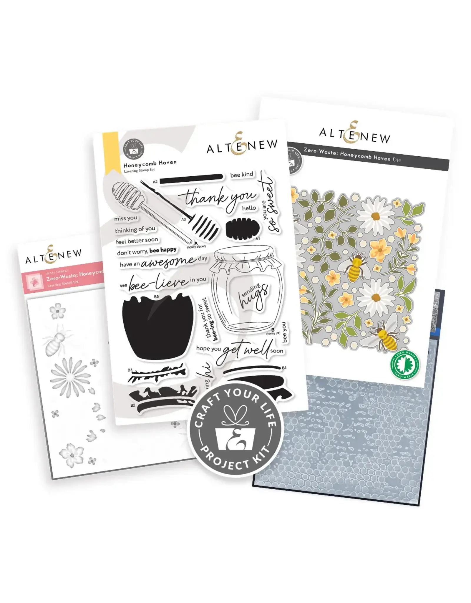 ALTENEW ALTENEW CRAFT YOUR LIFE PROJECT KIT: HONEYCOMB HAVEN CLEAR STAMP, STENCIL SET, 3D EMBOSSING FOLDER AND DIE SET BUNDLE