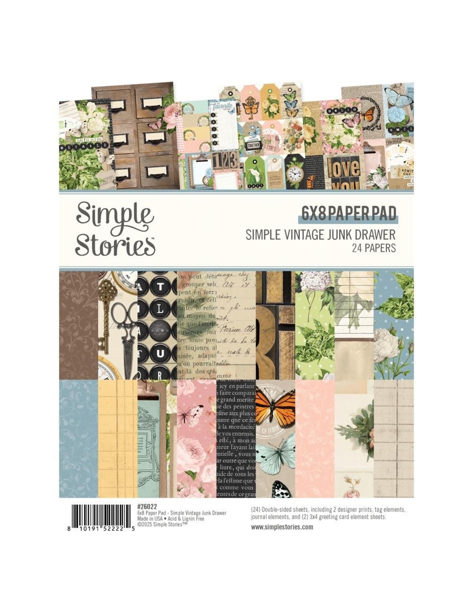 SIMPLE STORIES SIMPLE STORIES SIMPLE VINTAGE JUNK DRAWER 6x8 PAPER PAD 24 SHEETS